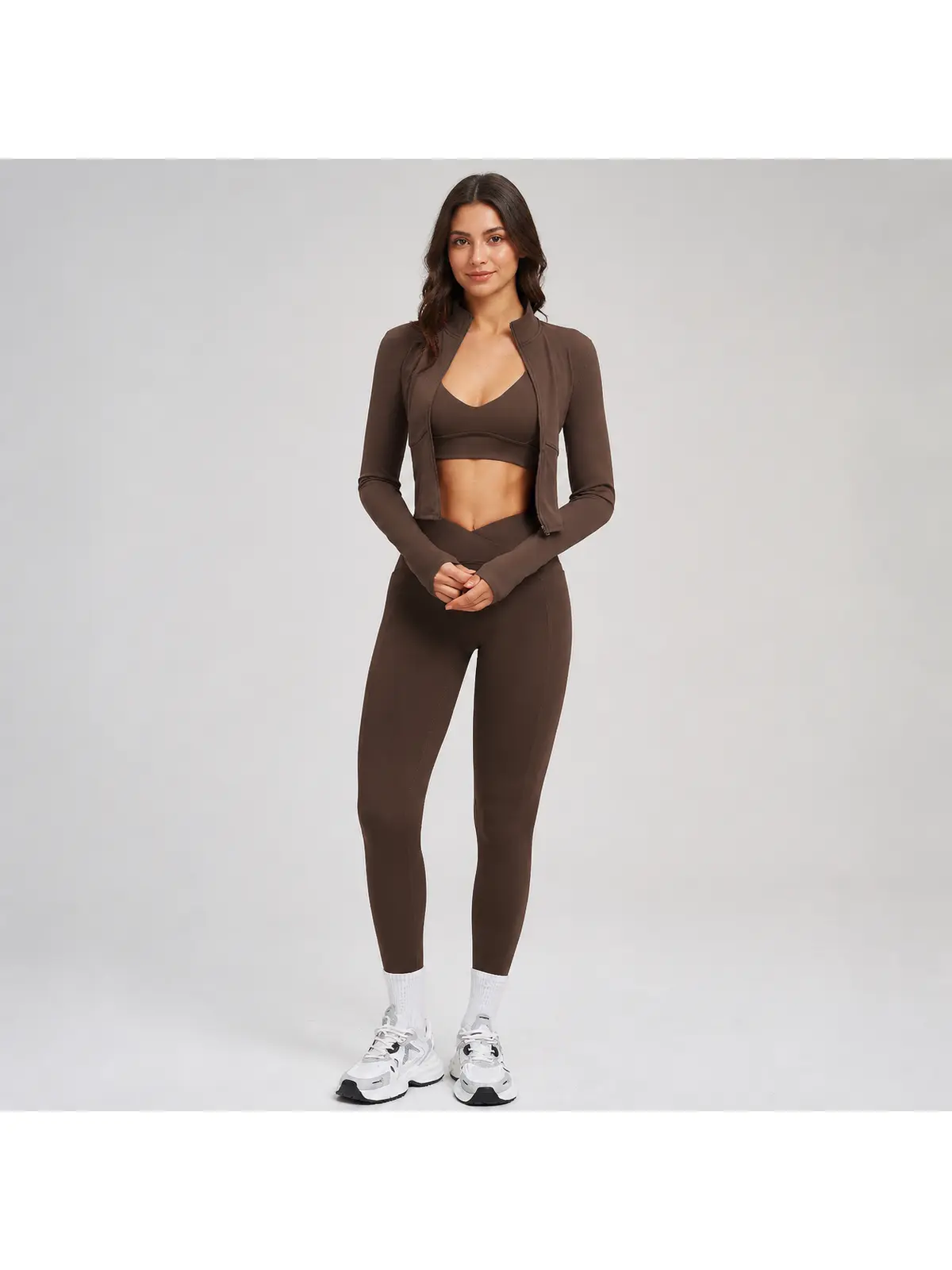 Kinetic Veil Zip-Front Jacket, Sports Bra and Leggings Set — studio portrait
