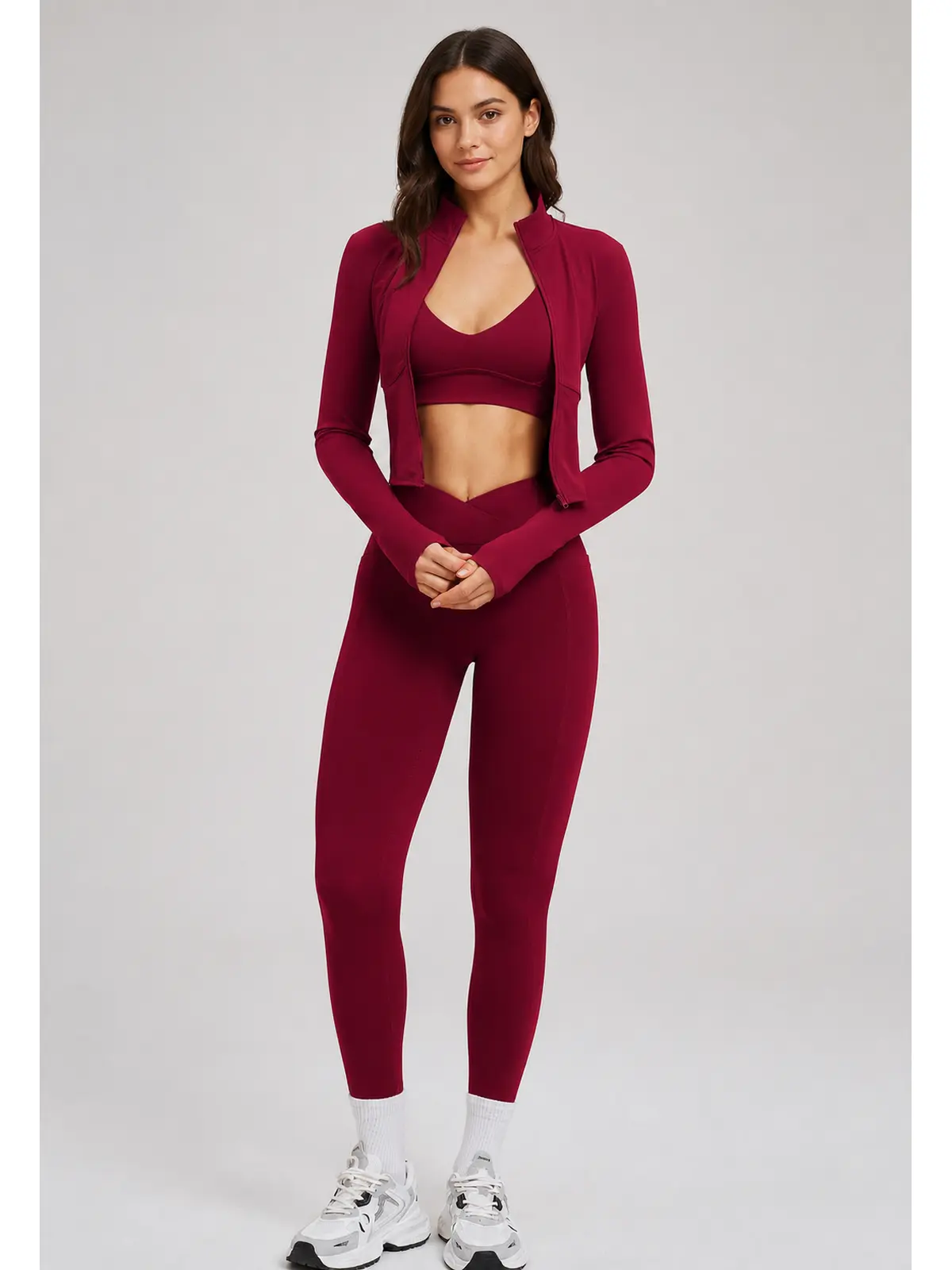 Kinetic Veil Zip-Front Jacket, Sports Bra and Leggings Set — studio portrait
