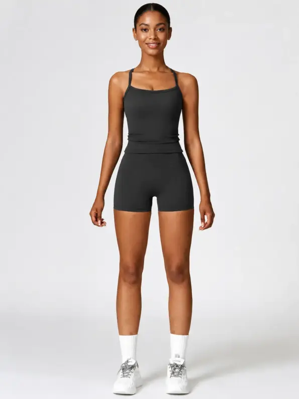 Larkspur Frame Square-Neck Sports Bra and Bike Shorts Set — black — romper — authoritative variation match
