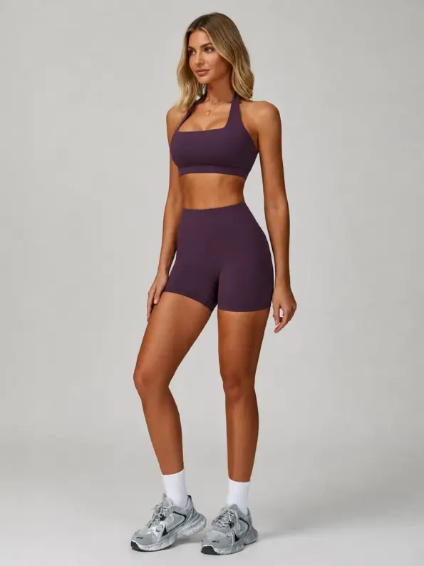 Lattice Ember Square-Neck Sports Bra and Bike Shorts Set — dark purple — general — authoritative variation match