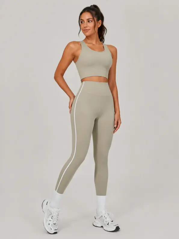 Lattice Noon High-Rise Ankle-Length Leggings with White Side Piping — khaki beige with white side stripes — authoritative variation match