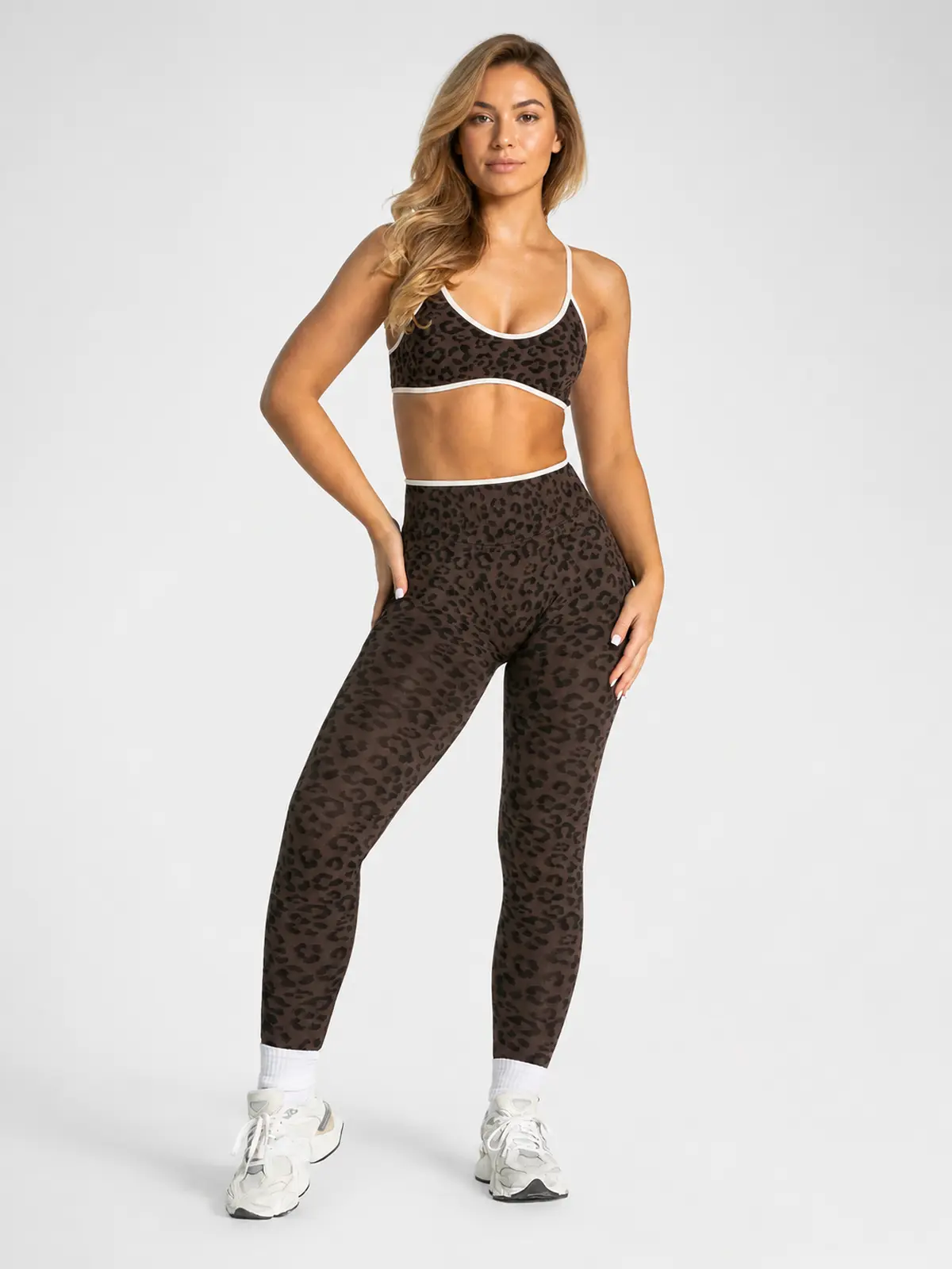Leopard Motion Seamless High-Rise Ankle-Length Yoga Leggings — coffee brown with black leopard print and white waistband trim — general — authoritative variation match