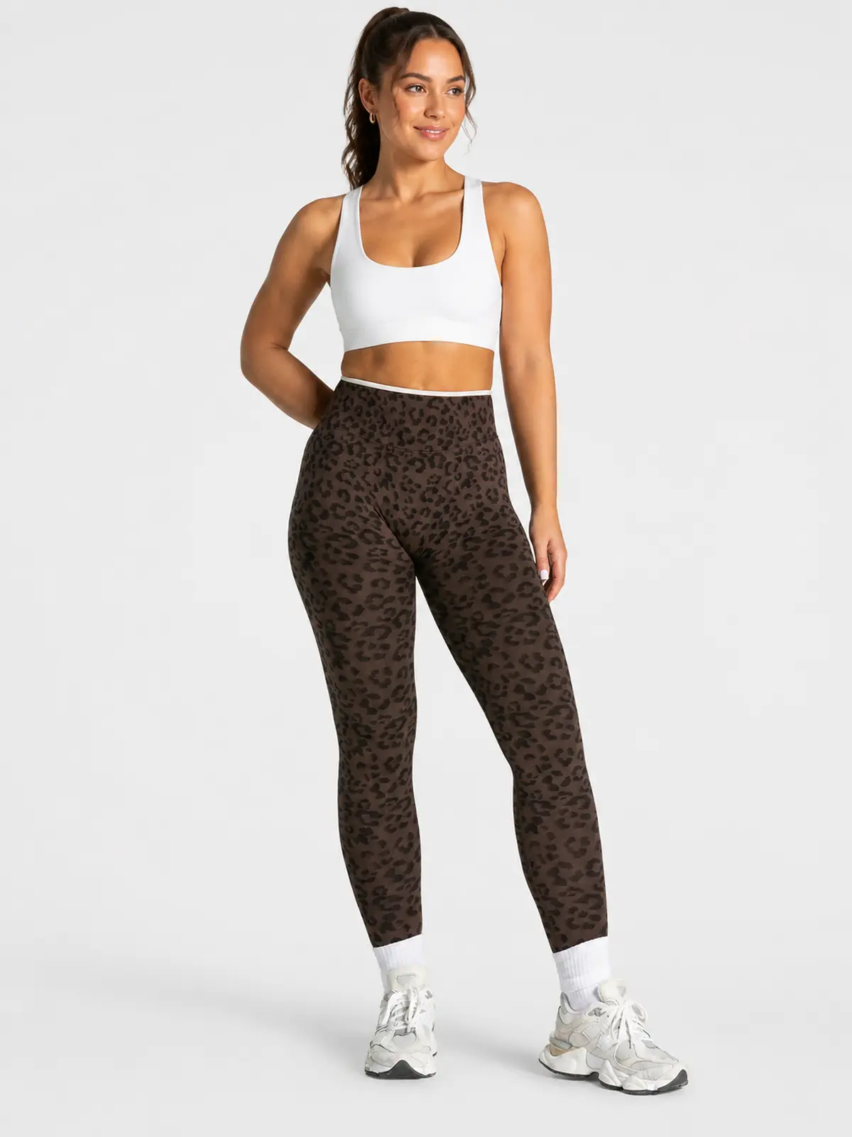 Leopard Motion Seamless High-Rise Ankle-Length Yoga Leggings — coffee brown with black leopard print and white waistband trim — authoritative variation image