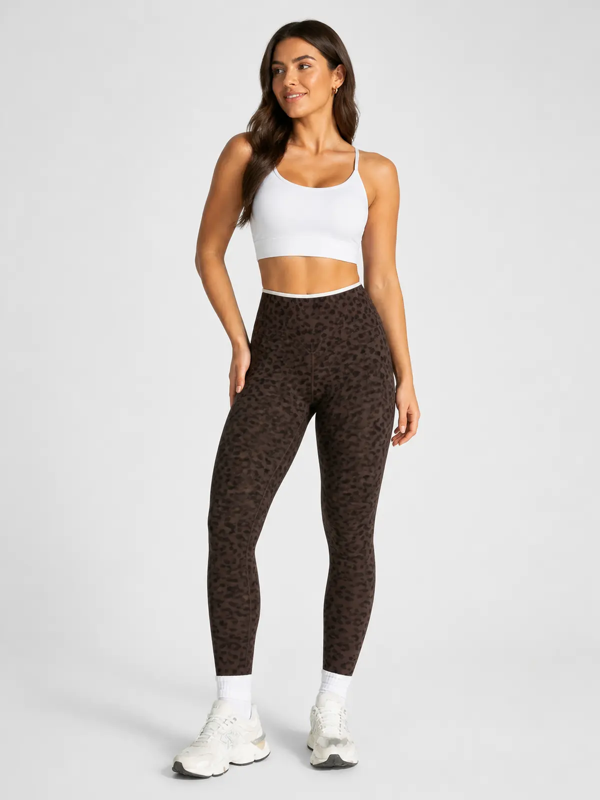 Leopard Motion Seamless High-Rise Ankle-Length Yoga Leggings — coffee brown with black leopard print and white waistband trim — authoritative variation match
