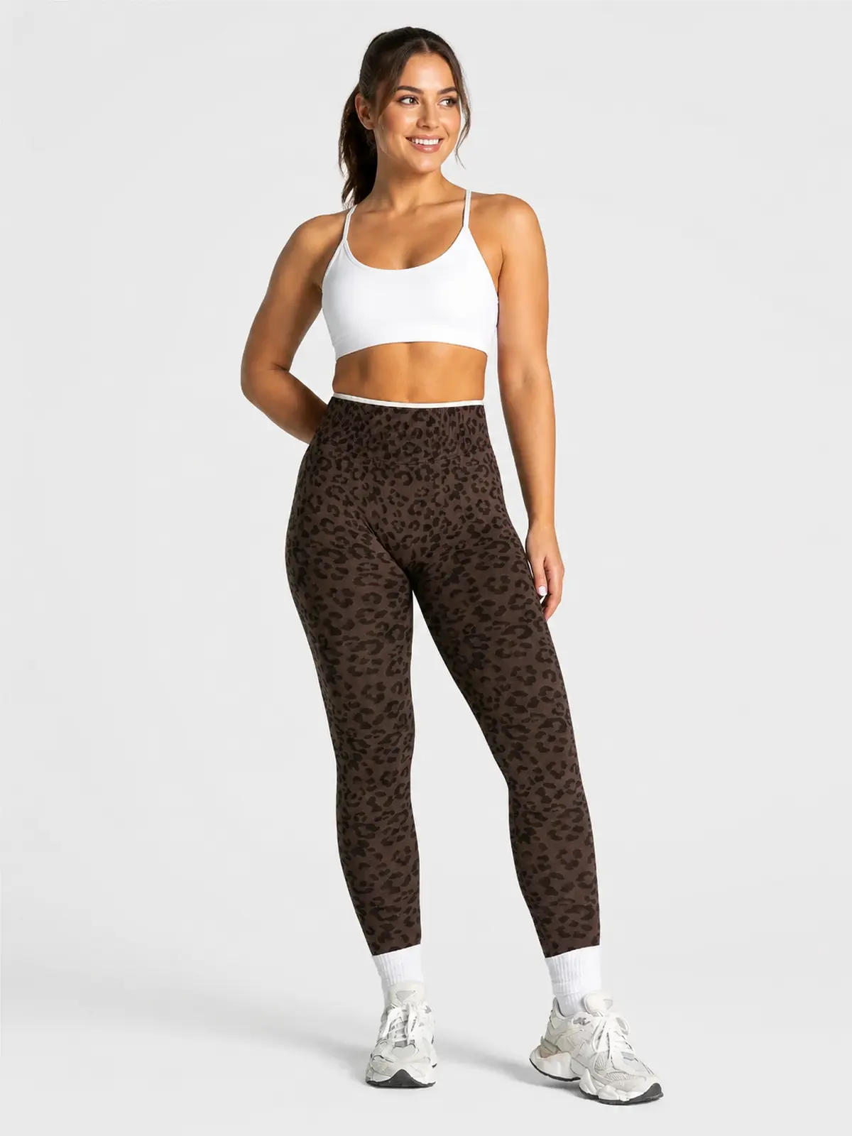 Leopard Motion Seamless High-Rise Ankle-Length Yoga Leggings — coffee brown with black leopard print and white waistband trim — authoritative variation match