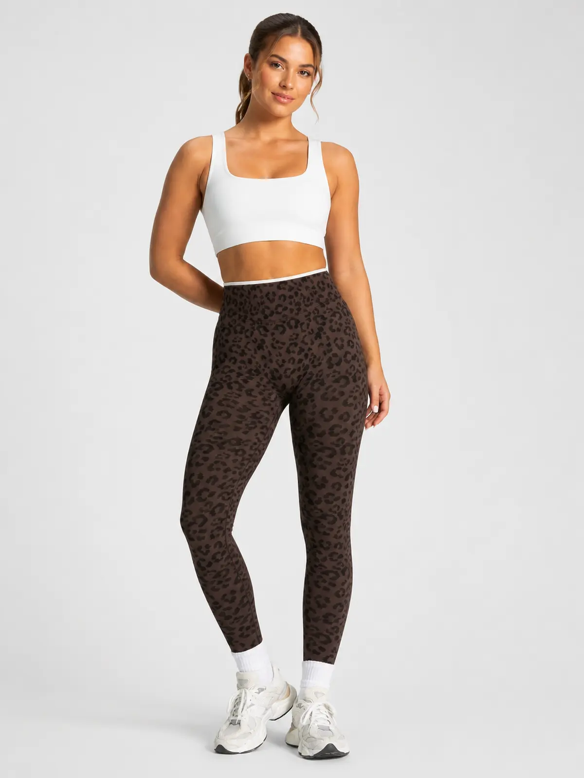 Leopard Motion Seamless High-Rise Ankle-Length Yoga Leggings — coffee brown with black leopard print and white waistband trim — authoritative variation match
