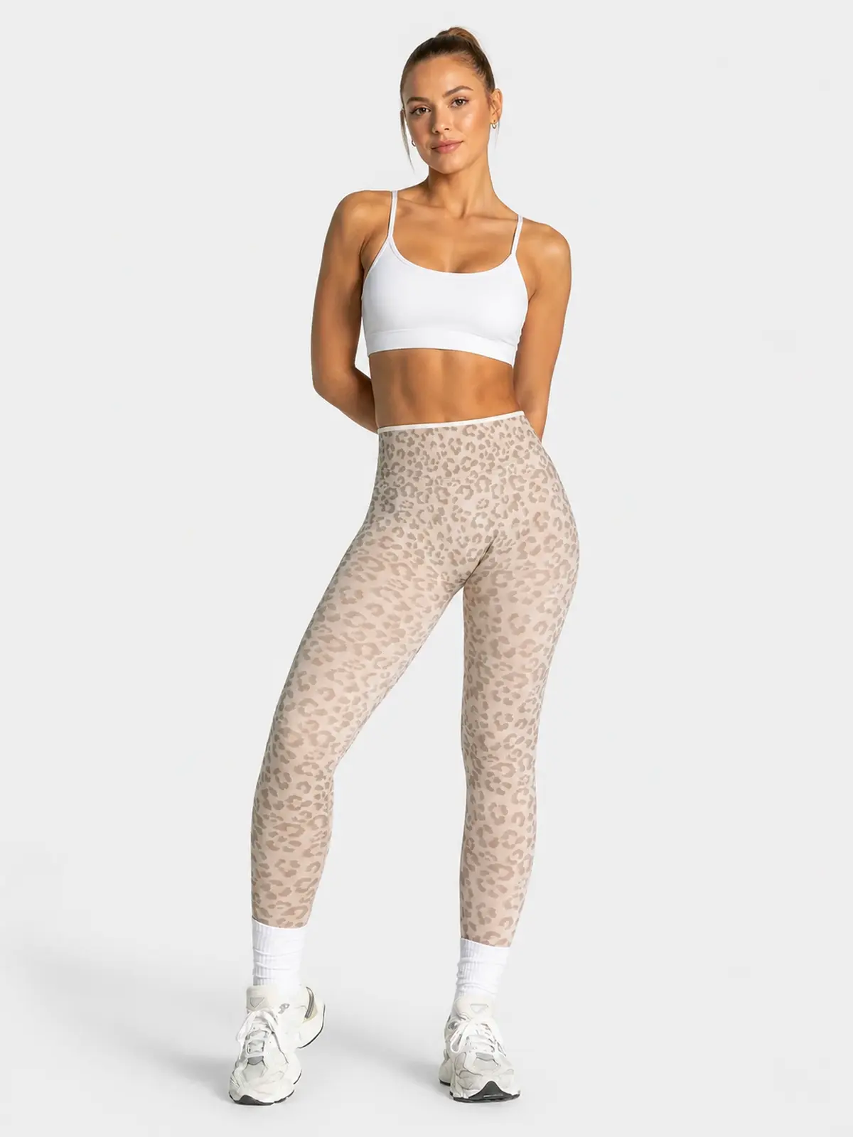 Leopard Motion Seamless High-Rise Ankle-Length Yoga Leggings — cream beige with light taupe leopard print — authoritative variation image