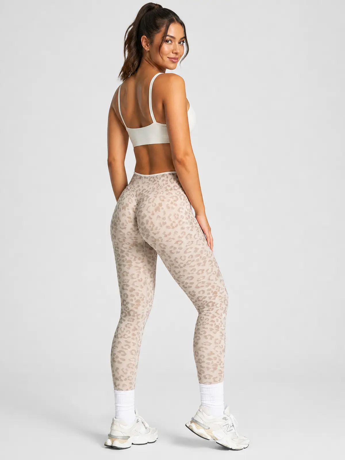 Leopard Motion Seamless High-Rise Ankle-Length Yoga Leggings — cream beige with light taupe leopard print — authoritative variation match