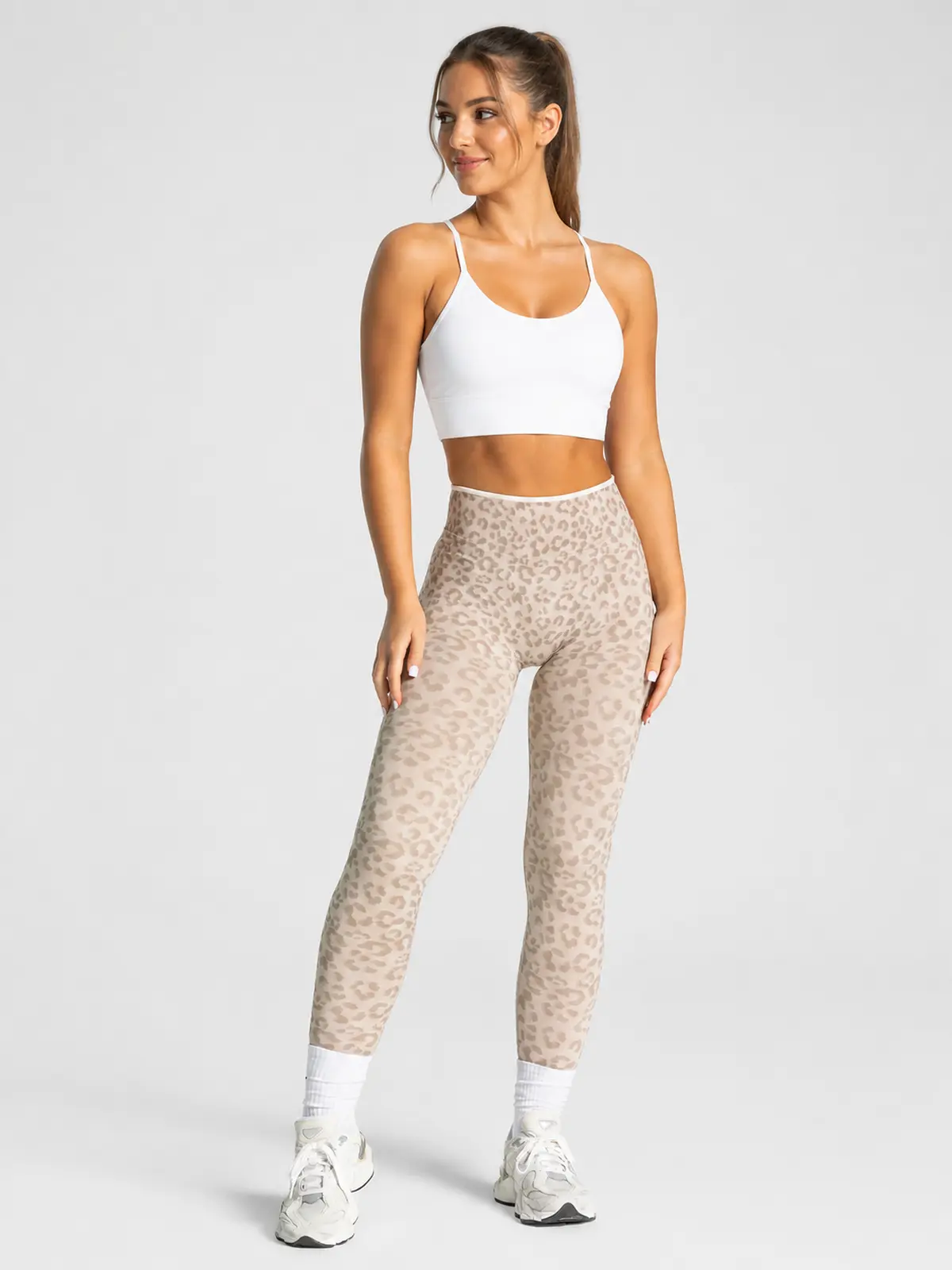 Leopard Motion Seamless High-Rise Ankle-Length Yoga Leggings — cream beige with light taupe leopard print — authoritative variation match
