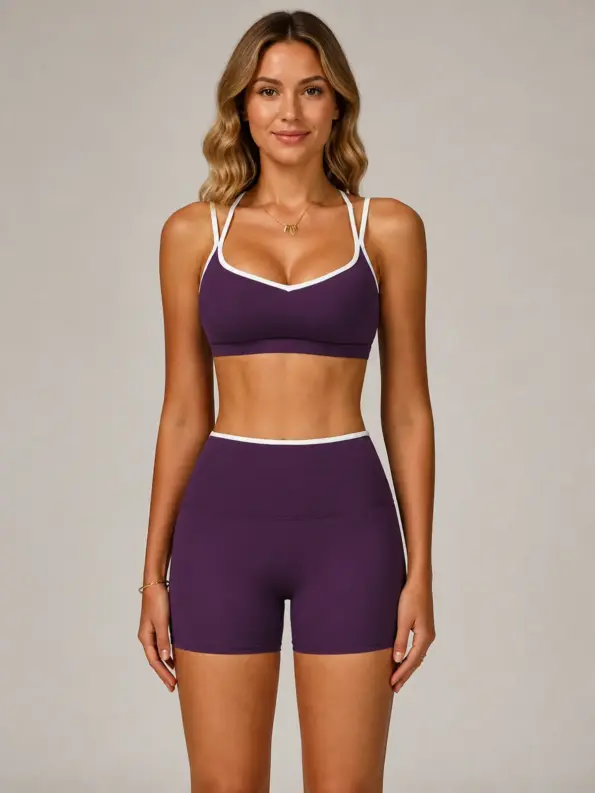 Lilac Interval Sports Bra and Bike Shorts Set — deep purple with white trim — general — authoritative variation image