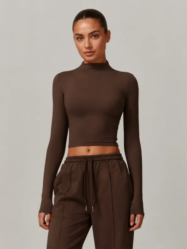Lucent Fold High-Neck Long-Sleeve Crop Top — coffee brown — long-sleeve-top — authoritative variation match
