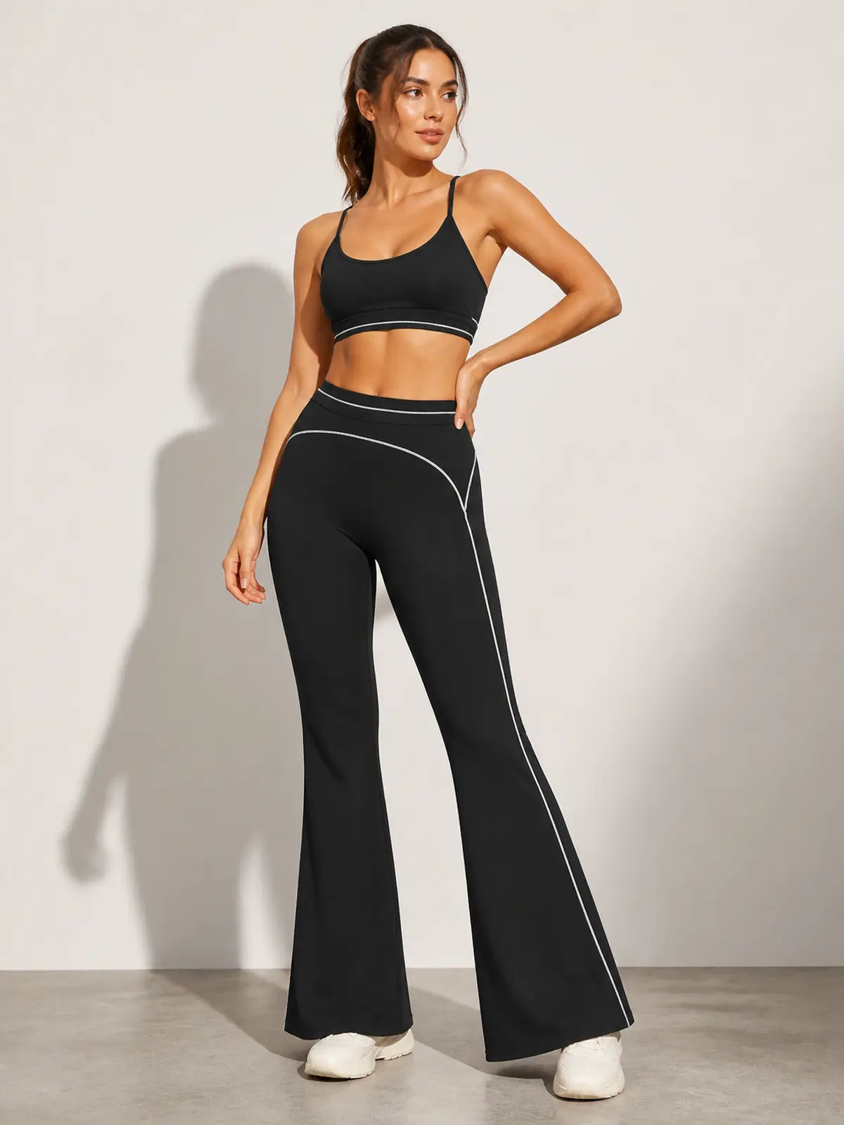 Lumen Vale High-Rise Flare Leggings — black with white piping — flare-leggings — authoritative variation match