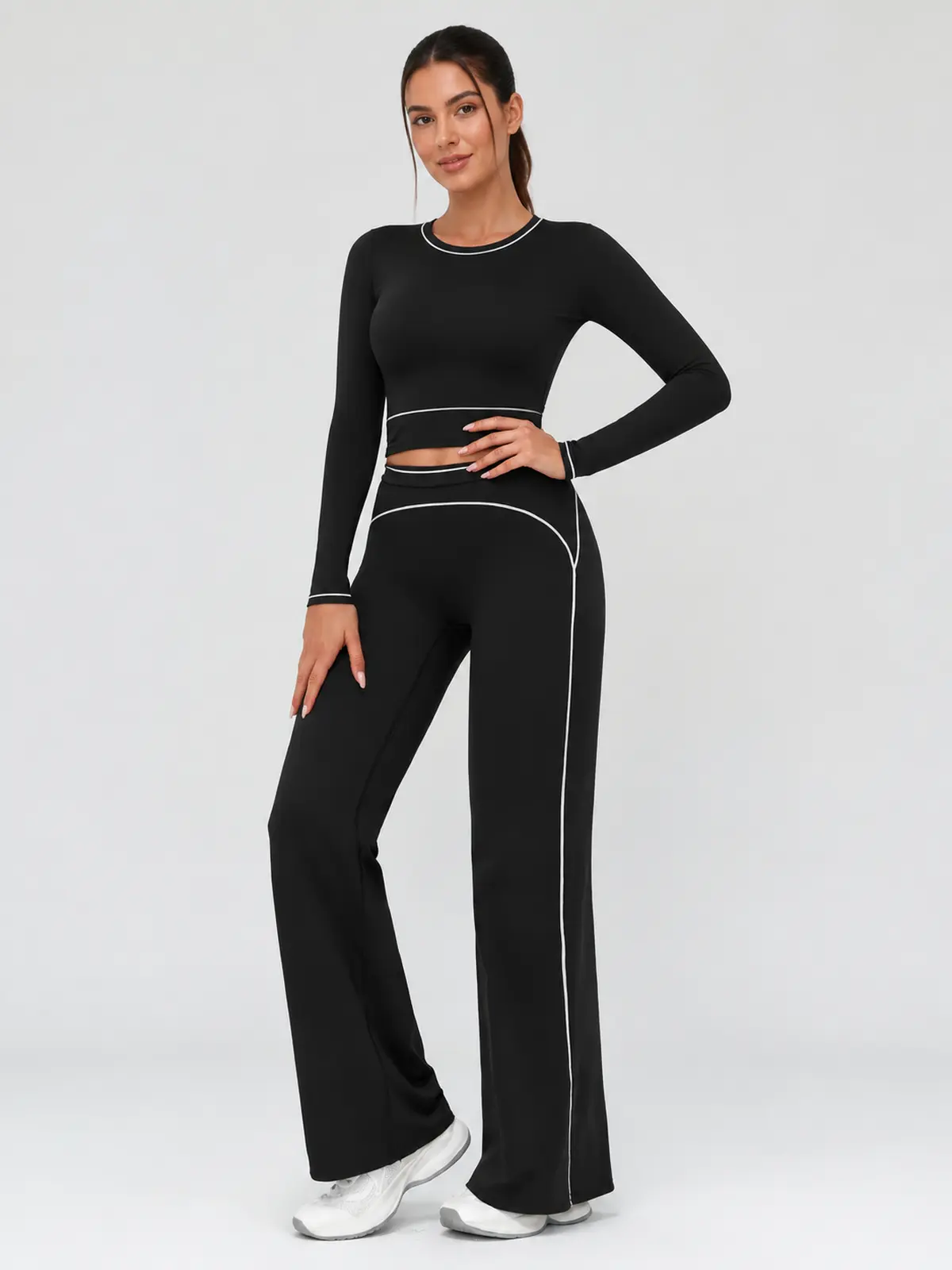 Lumen Vale High-Rise Flare Leggings — black with white piping — flare-leggings — authoritative variation match