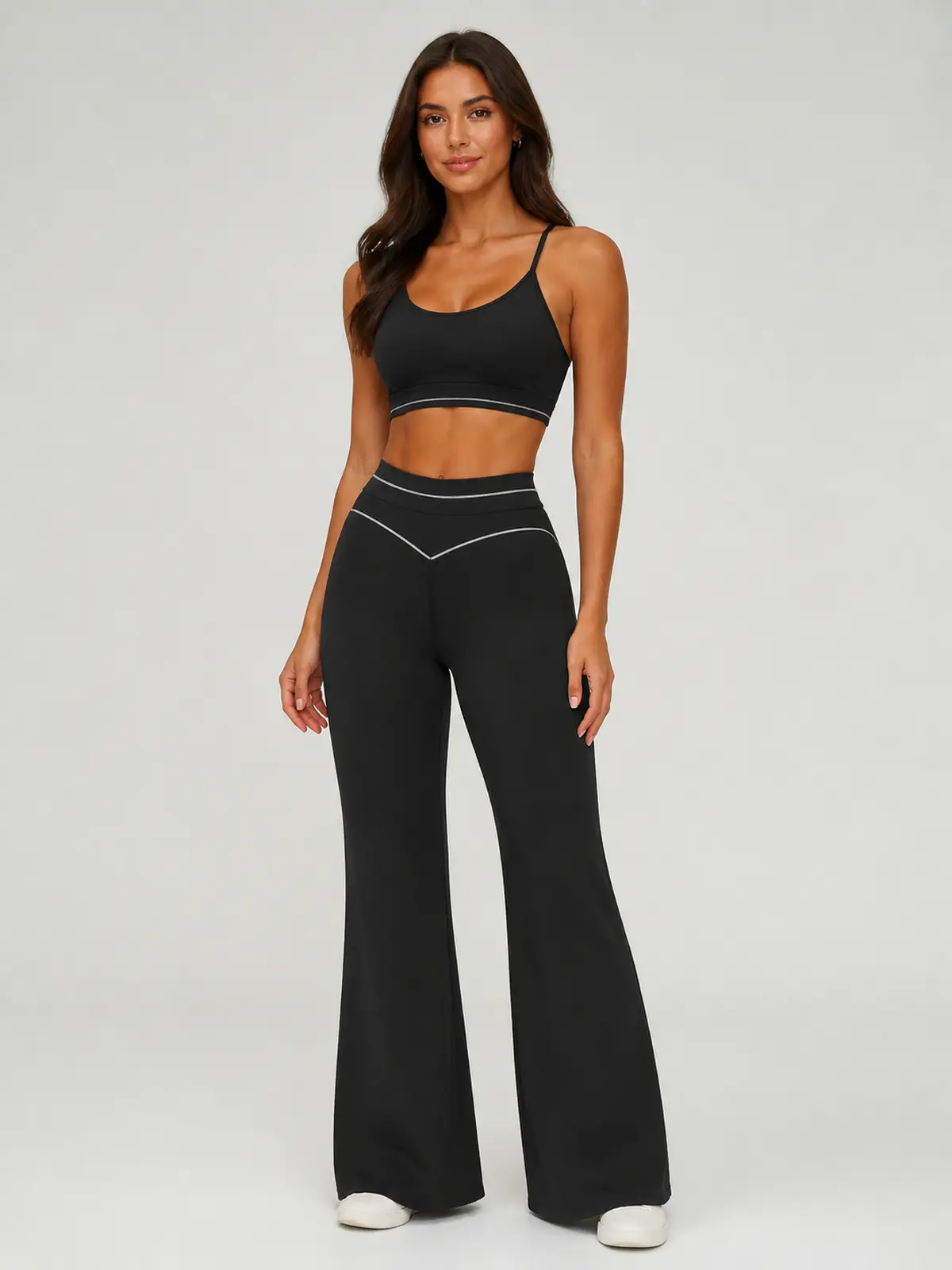 Lumen Vale High-Rise Flare Leggings — black with white piping — flare-leggings — authoritative variation match
