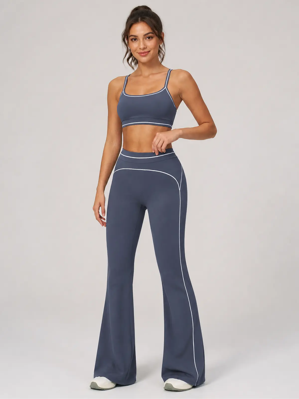 Lumen Vale High-Rise Flare Leggings — dark navy blue with white contrast piping — flare-leggings — authoritative variation match