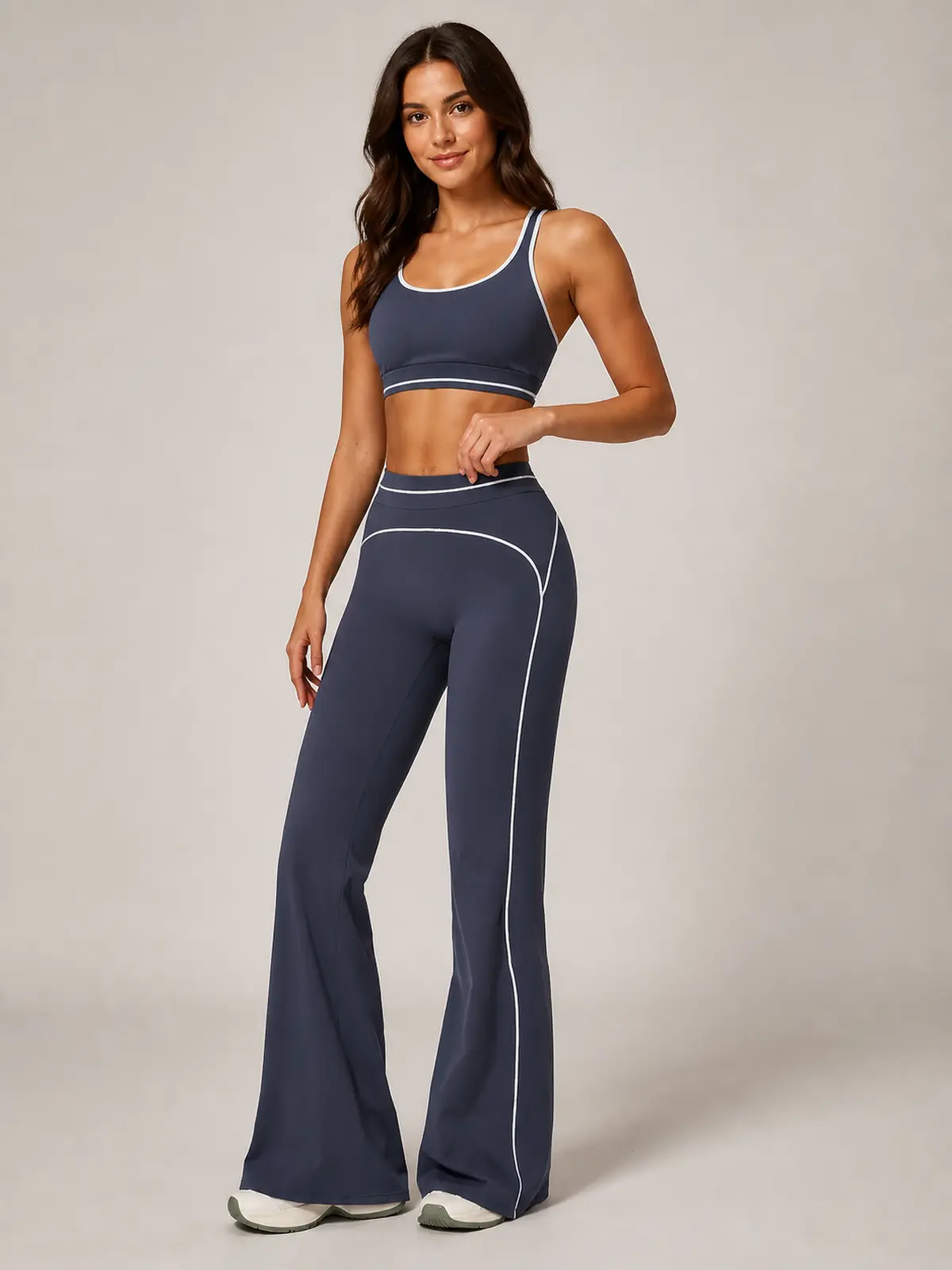 Lumen Vale High-Rise Flare Leggings — dark navy blue with white contrast piping — flare-leggings — authoritative variation match