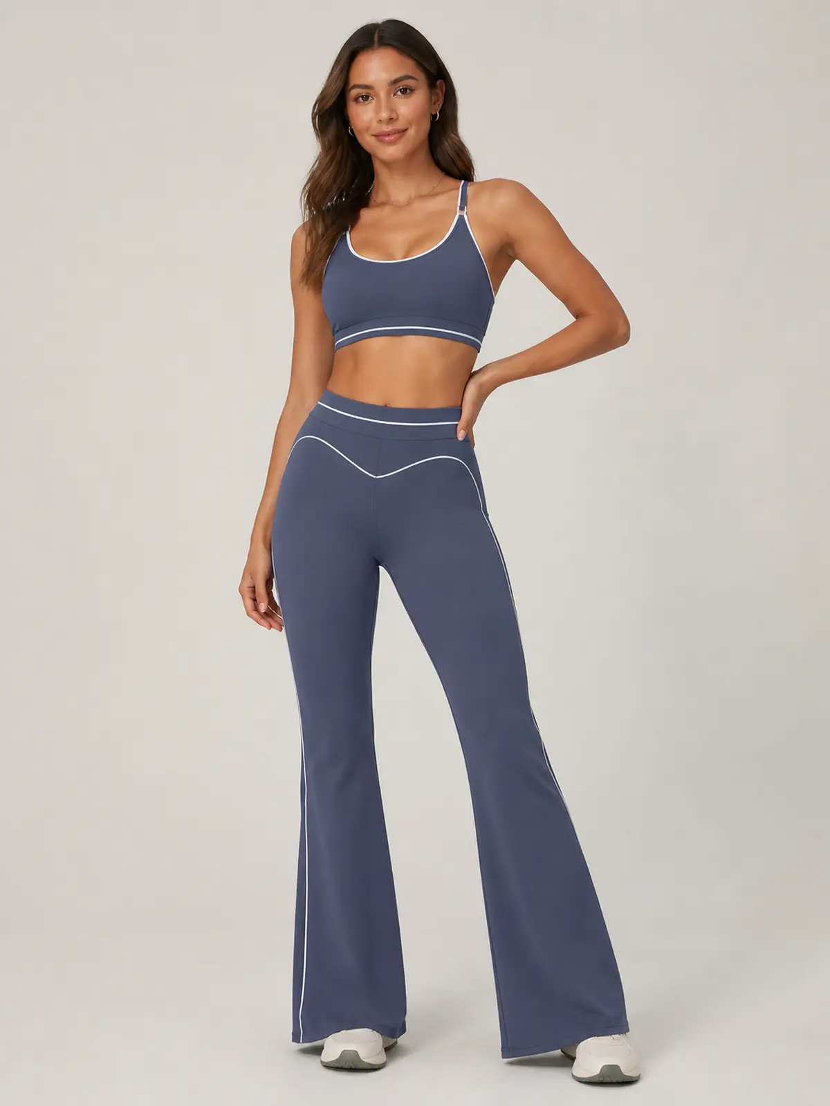 Lumen Vale High-Rise Flare Leggings — dark navy blue with white contrast piping — flare-leggings — authoritative variation match