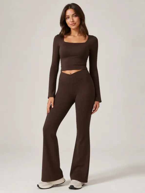 Luna Arc High-Rise Crossover Flare Leggings — dark coffee brown — flare-leggings — authoritative variation match