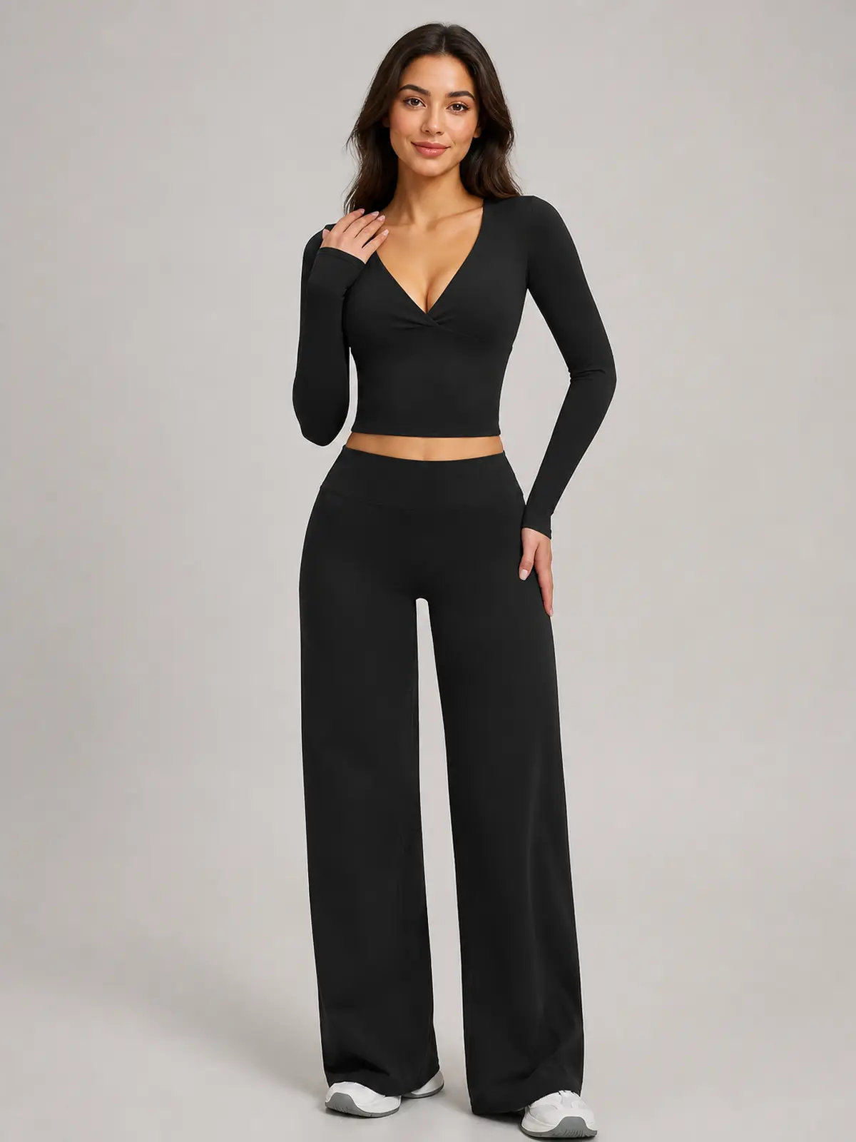Luna Fold Long-Sleeve Wrap Top and Wide-Leg Pants Set — black — general — authoritative variation match