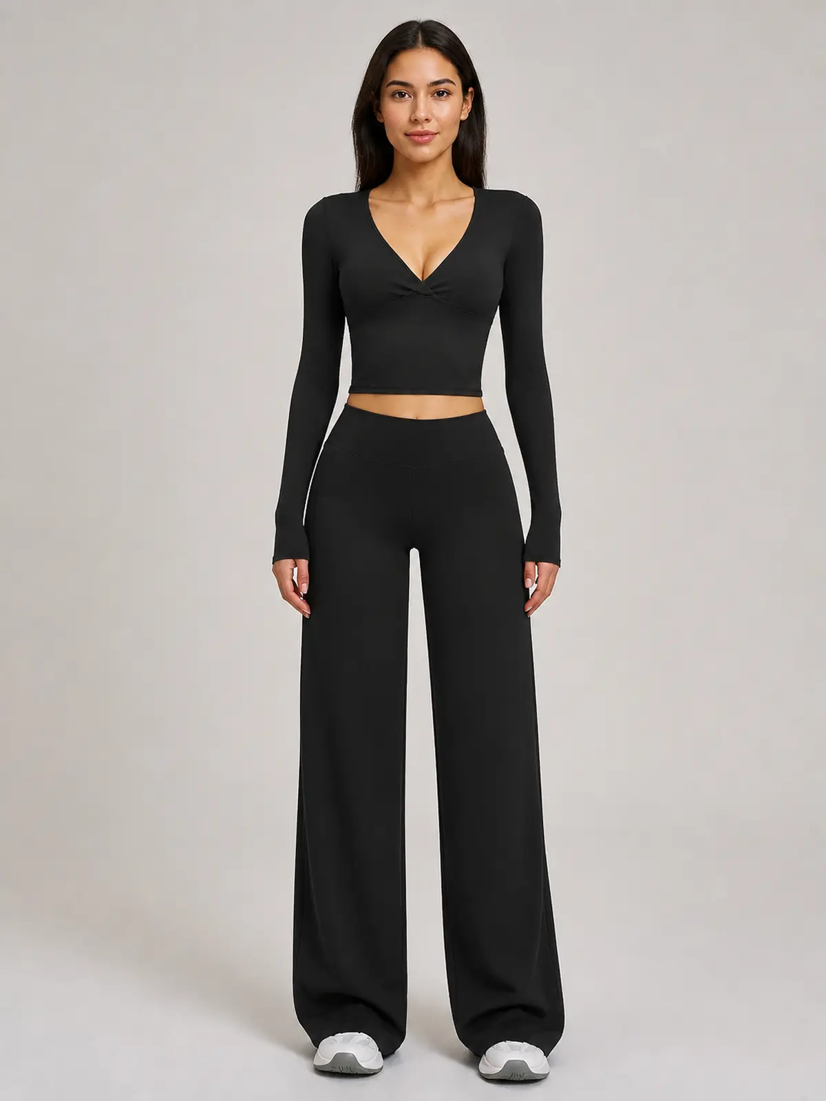 Luna Fold Long-Sleeve Wrap Top and Wide-Leg Pants Set — black — general — authoritative variation match