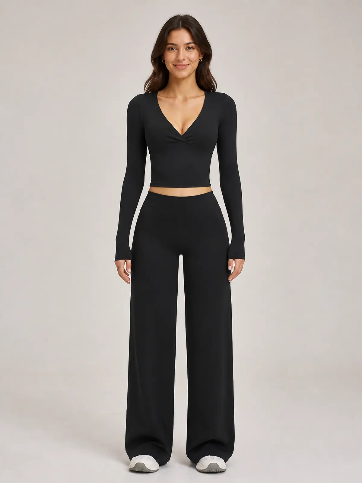 Luna Fold Long-Sleeve Wrap Top and Wide-Leg Pants Set — black — general — authoritative variation match