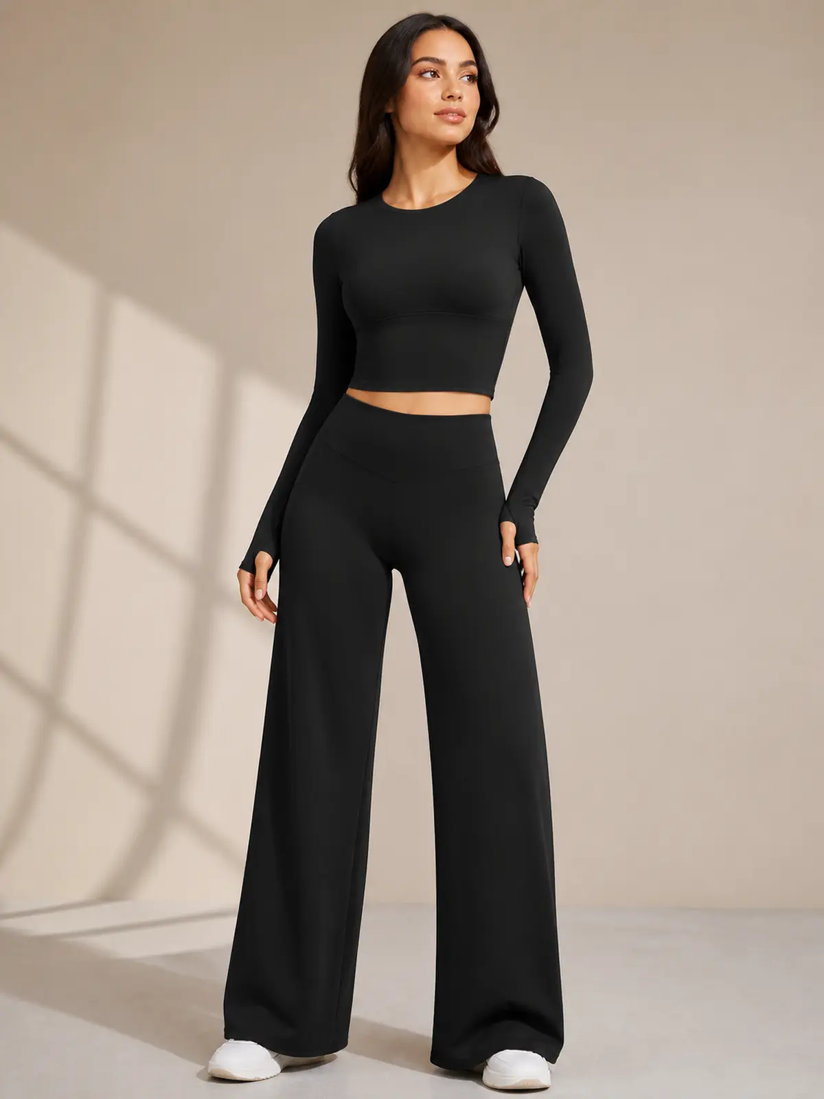 Luna Fold Long-Sleeve Wrap Top and Wide-Leg Pants Set — black — general — authoritative variation match