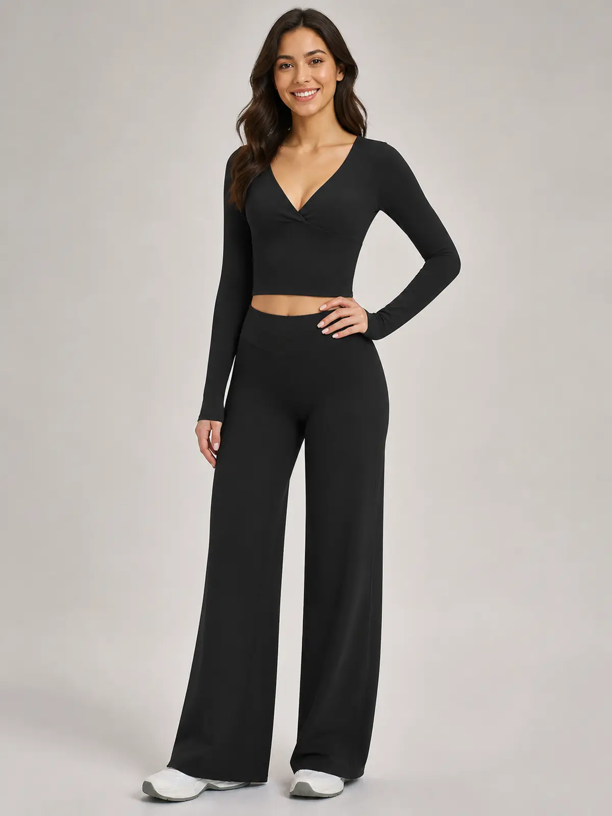 Luna Fold Long-Sleeve Wrap Top and Wide-Leg Pants Set — black — general — authoritative variation match