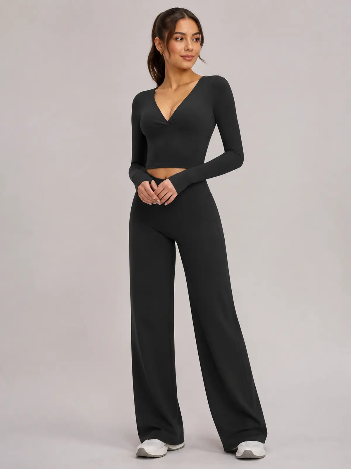 Luna Fold Long-Sleeve Wrap Top and Wide-Leg Pants Set — black — general — authoritative variation match