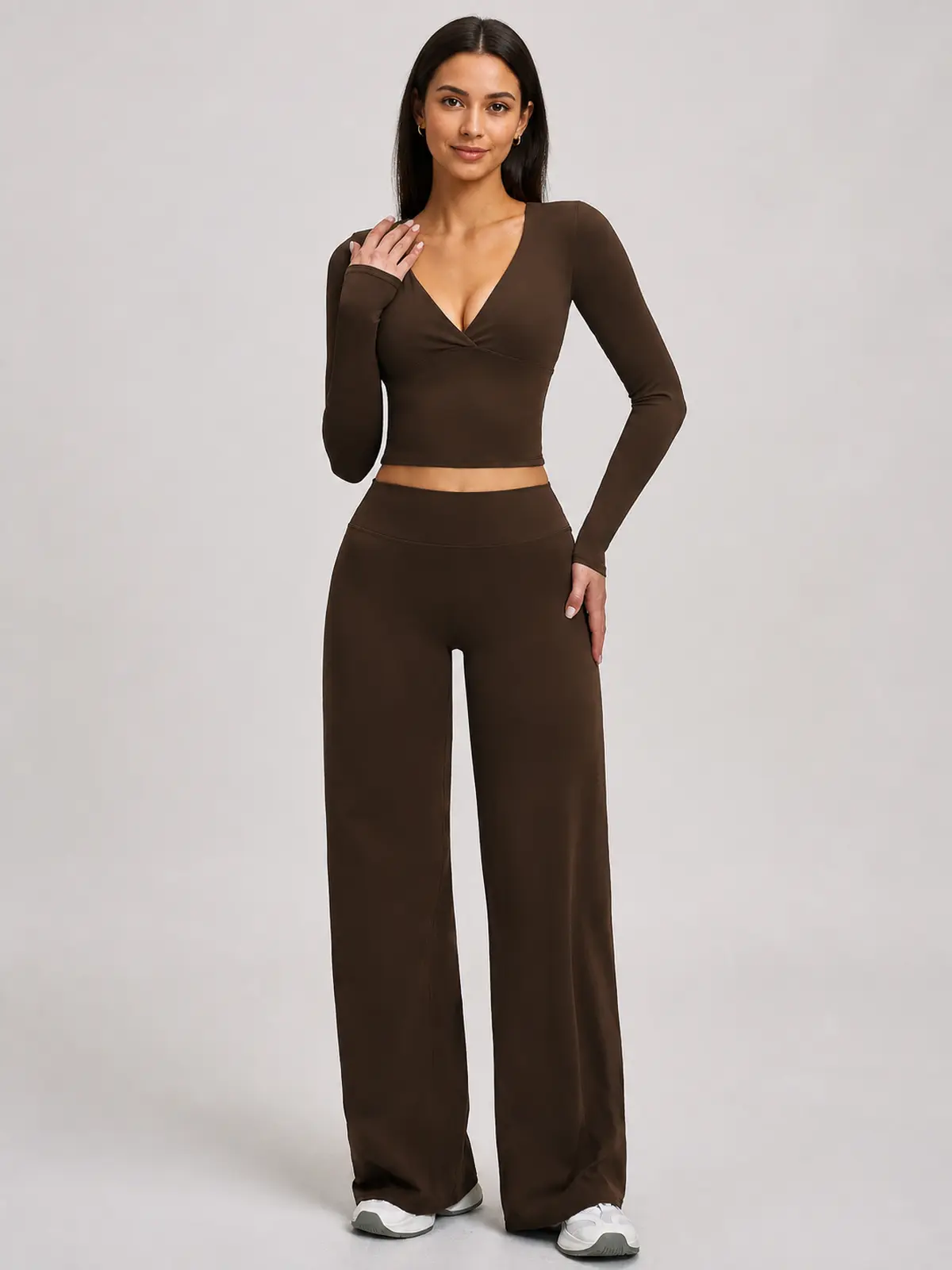 Luna Fold Long-Sleeve Wrap Top and Wide-Leg Pants Set — dark coffee brown — general — authoritative variation match