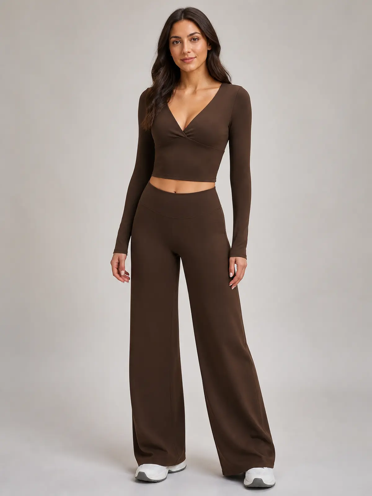 Luna Fold Long-Sleeve Wrap Top and Wide-Leg Pants Set — dark coffee brown — general — authoritative variation match