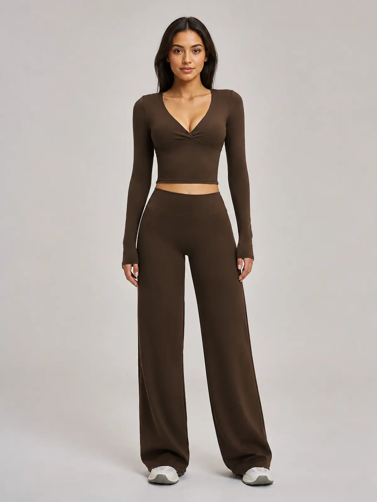 Luna Fold Long-Sleeve Wrap Top and Wide-Leg Pants Set — dark coffee brown — general — authoritative variation match