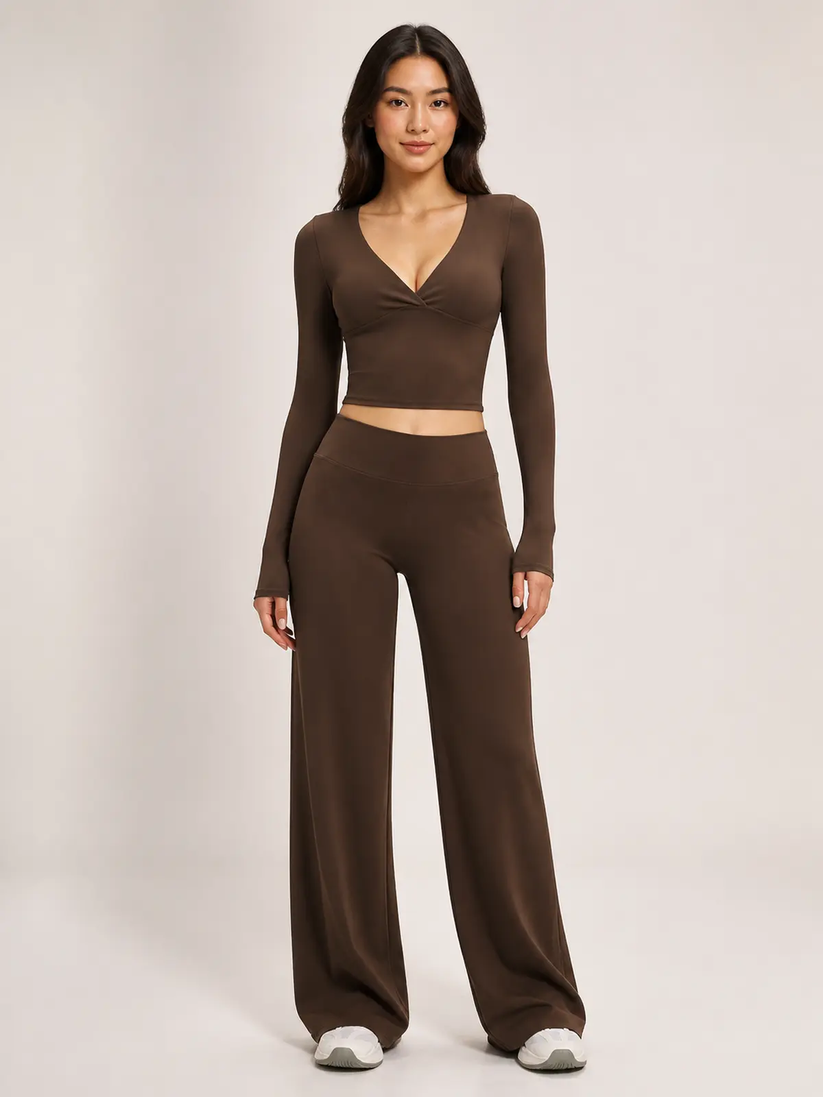Luna Fold Long-Sleeve Wrap Top and Wide-Leg Pants Set — dark coffee brown — general — authoritative variation match