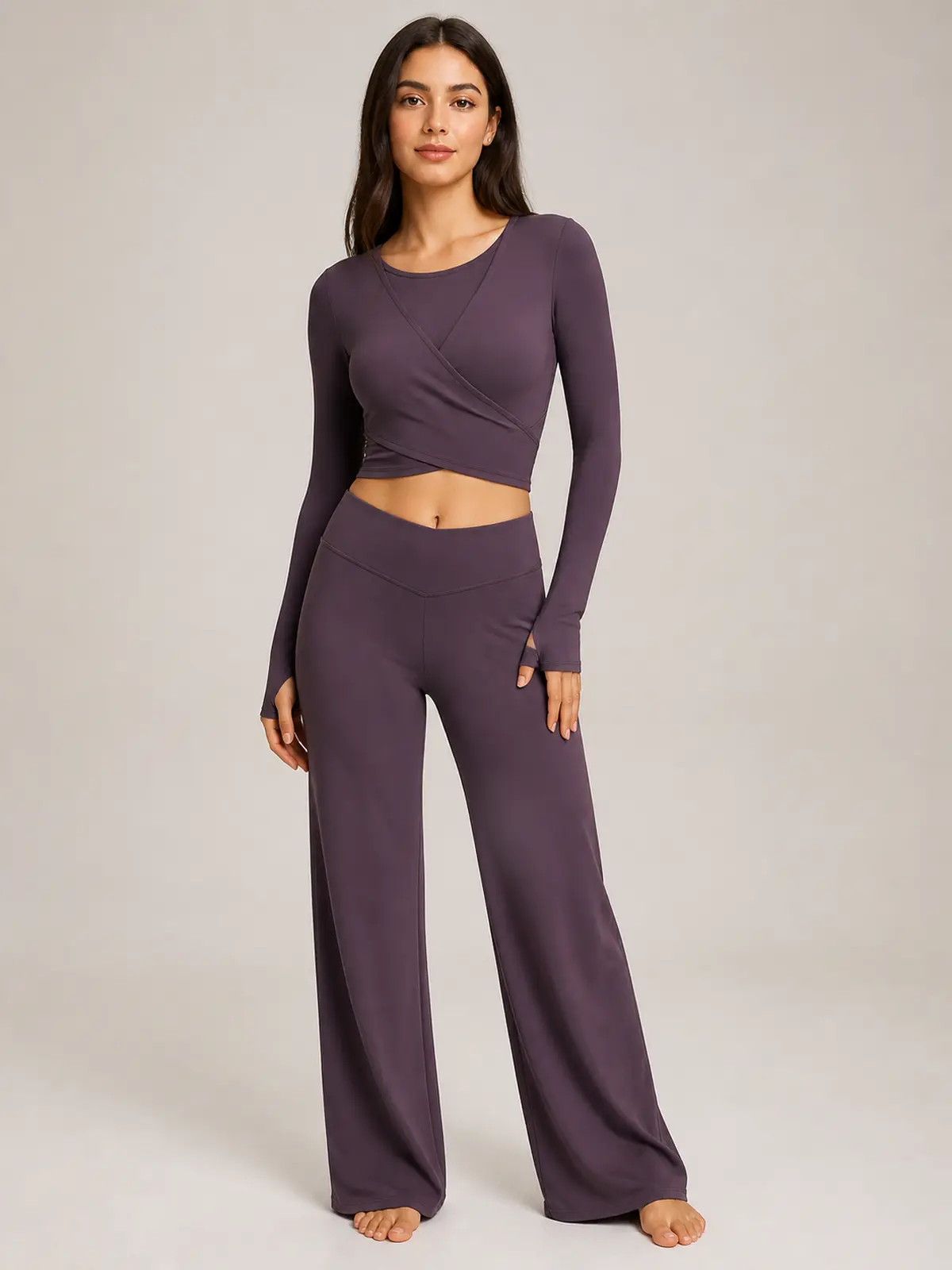 Luna Fold Long-Sleeve Wrap Top and Wide-Leg Pants Set — eggplant purple — general — authoritative variation match