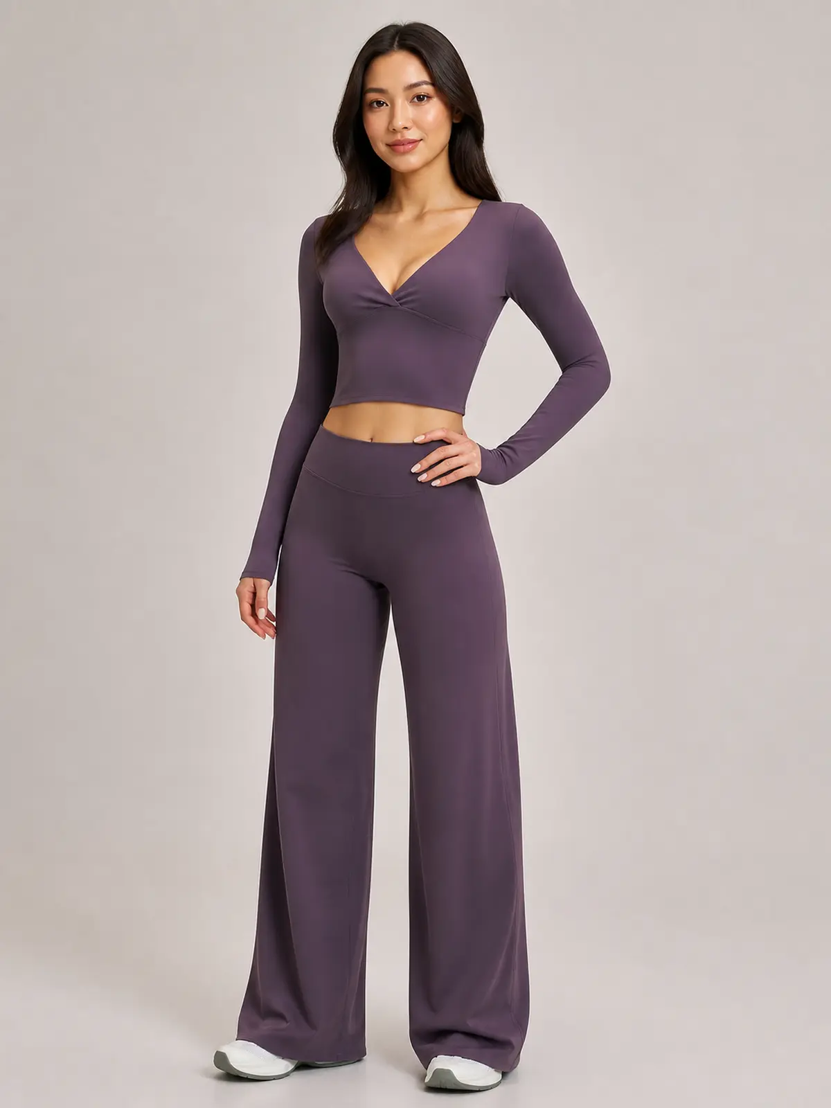 Luna Fold Long-Sleeve Wrap Top and Wide-Leg Pants Set — eggplant purple — general — authoritative variation match