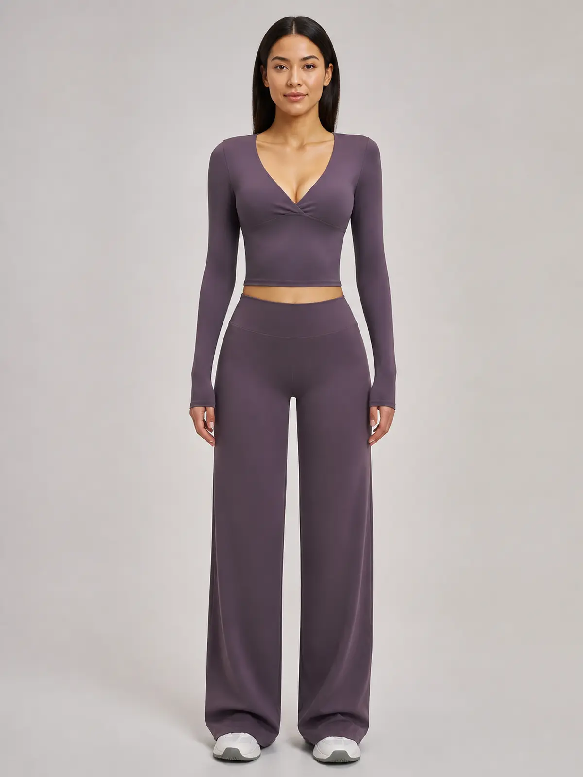 Luna Fold Long-Sleeve Wrap Top and Wide-Leg Pants Set — eggplant purple — general — authoritative variation match