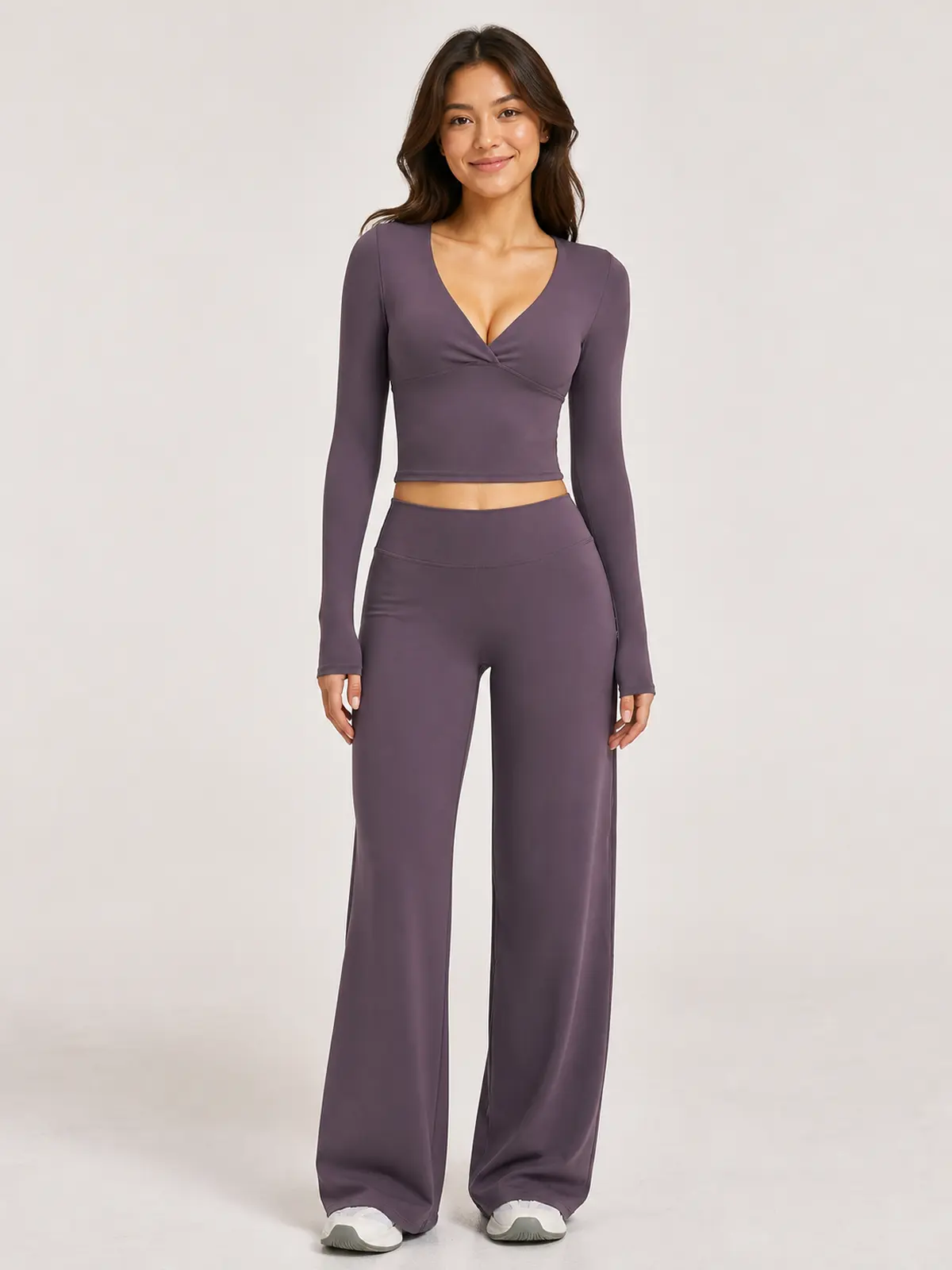 Luna Fold Long-Sleeve Wrap Top and Wide-Leg Pants Set — eggplant purple — general — authoritative variation match