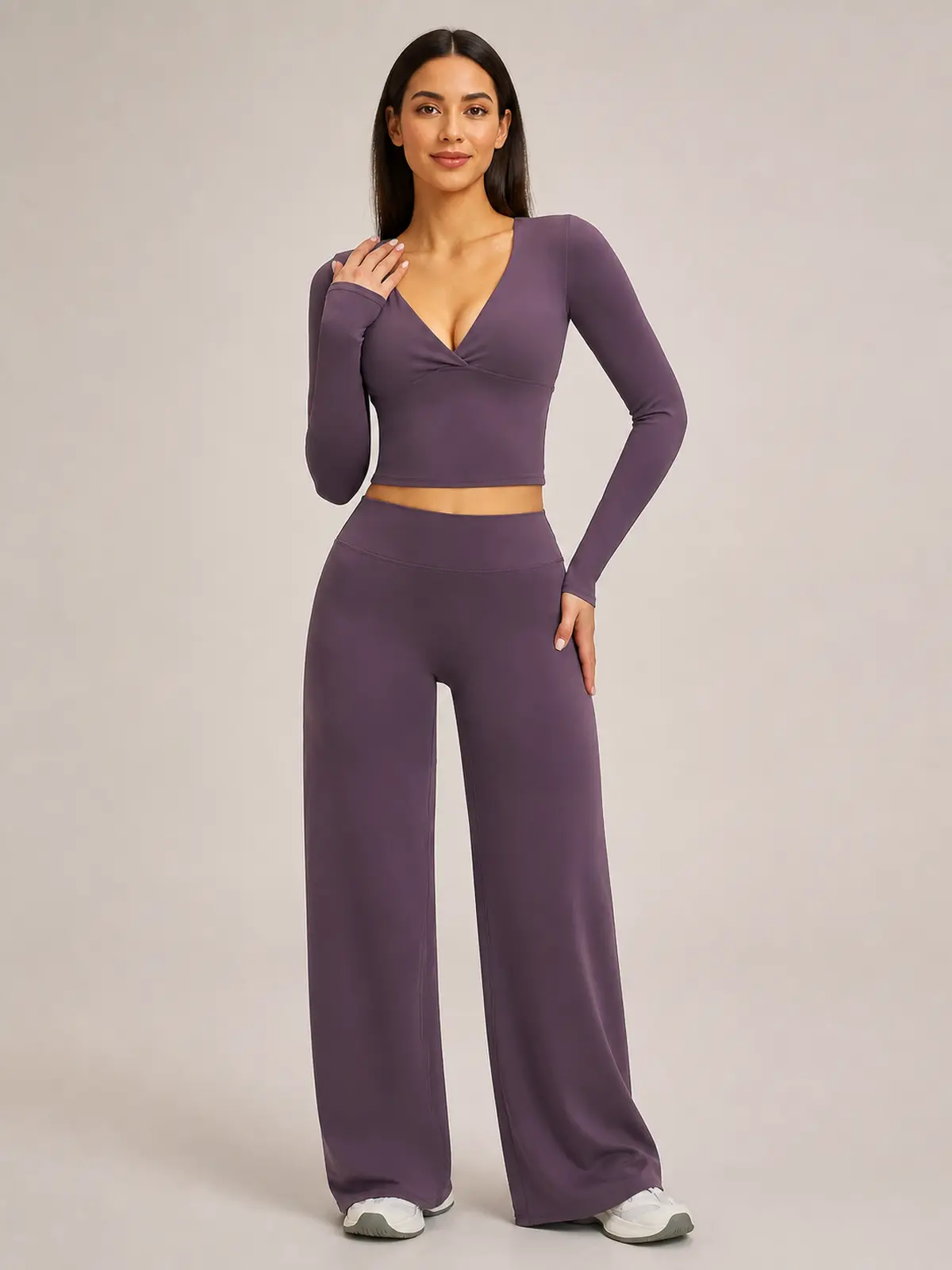 Luna Fold Long-Sleeve Wrap Top and Wide-Leg Pants Set — eggplant purple — general — authoritative variation match