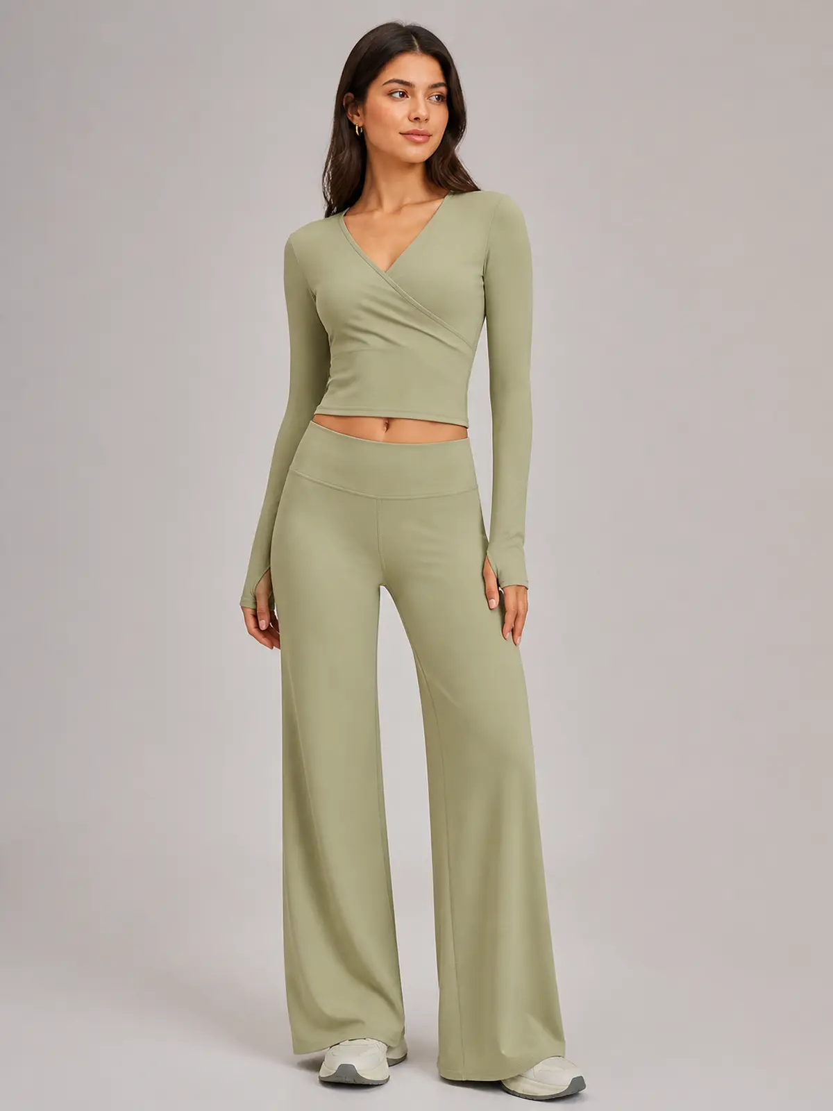 Luna Fold Long-Sleeve Wrap Top and Wide-Leg Pants Set — moss green — general — authoritative variation match