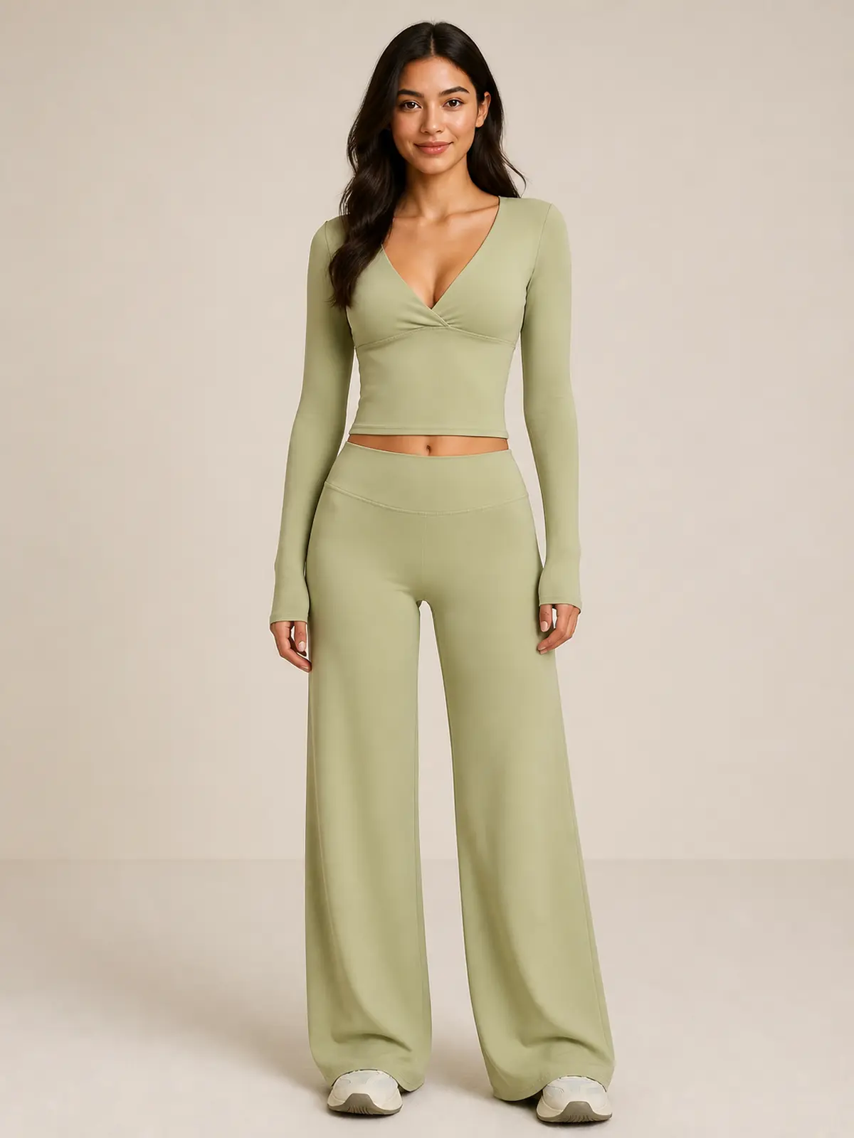 Luna Fold Long-Sleeve Wrap Top and Wide-Leg Pants Set — moss green — general — authoritative variation match