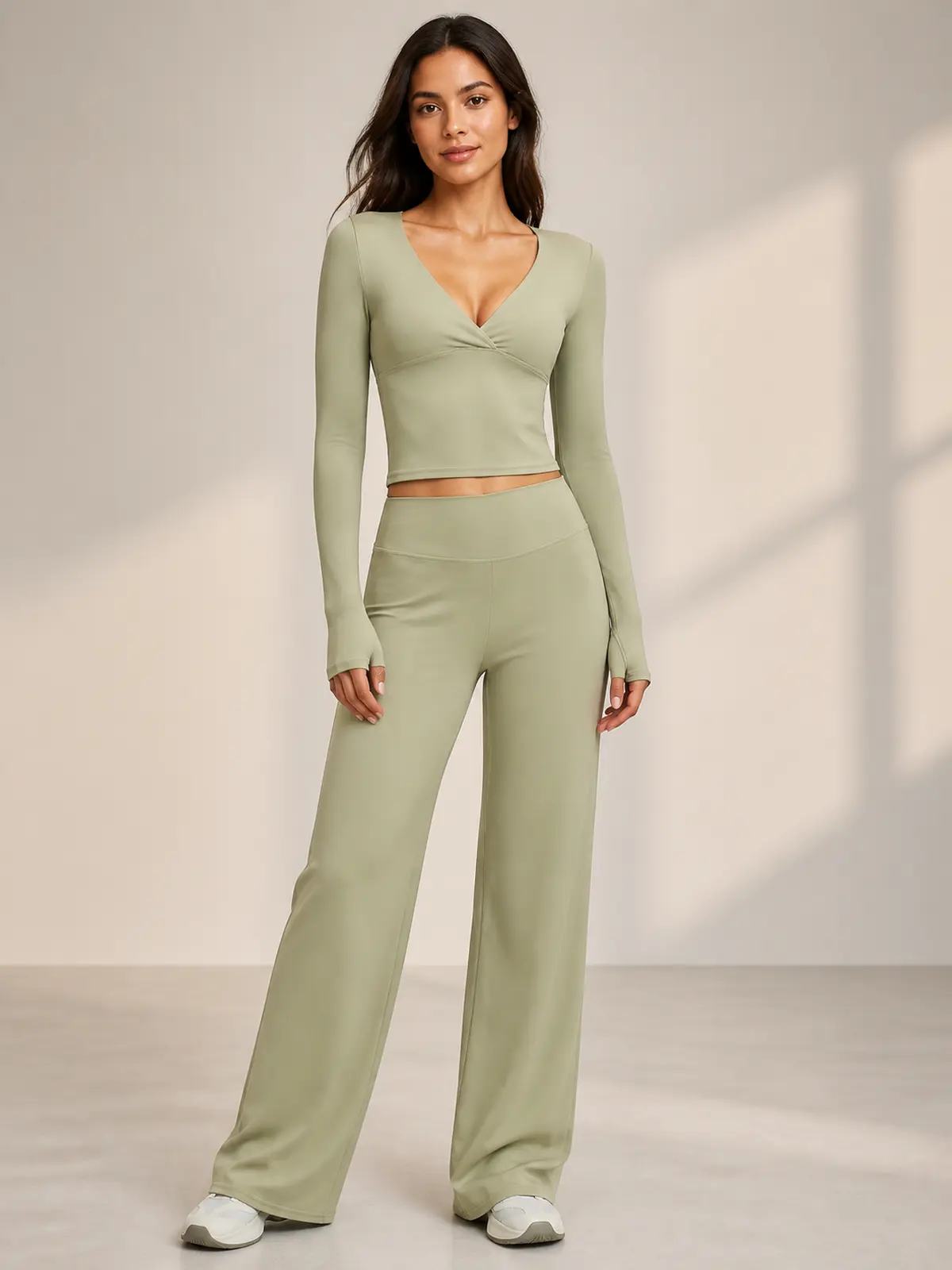 Luna Fold Long-Sleeve Wrap Top and Wide-Leg Pants Set — moss green — general — authoritative variation match