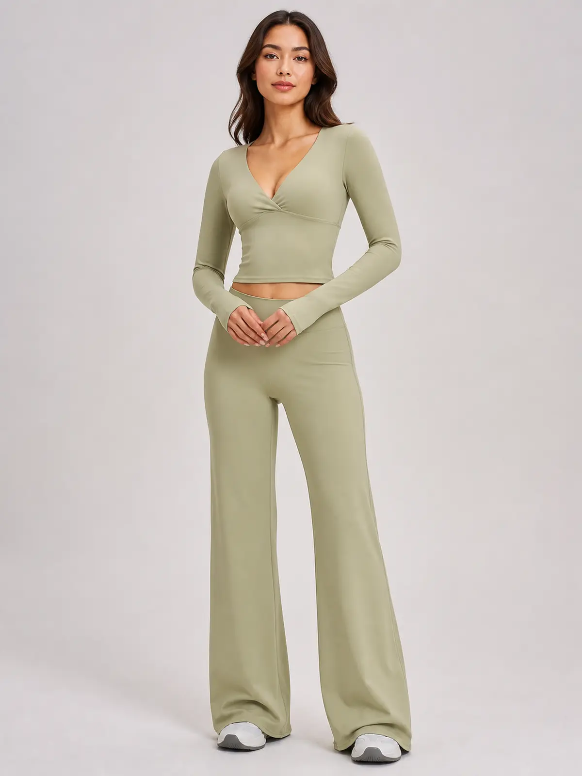 Luna Fold Long-Sleeve Wrap Top and Wide-Leg Pants Set — moss green — general — authoritative variation match