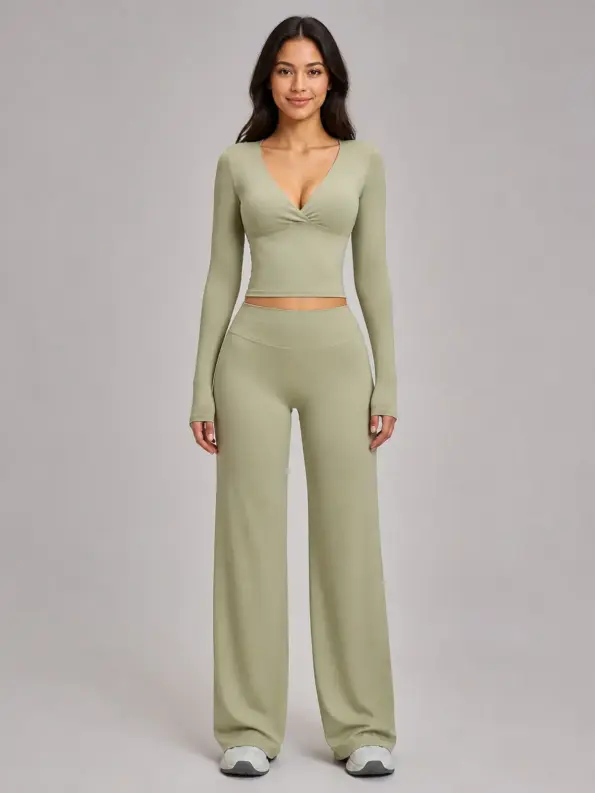Luna Fold Long-Sleeve Wrap Top and Wide-Leg Pants Set — moss green — general — authoritative variation match