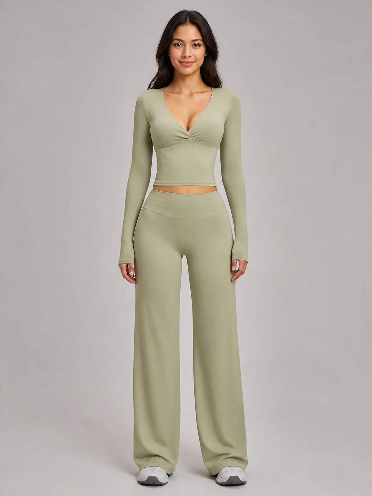 Luna Fold Long-Sleeve Wrap Top and Wide-Leg Pants Set — moss green — general — authoritative variation match
