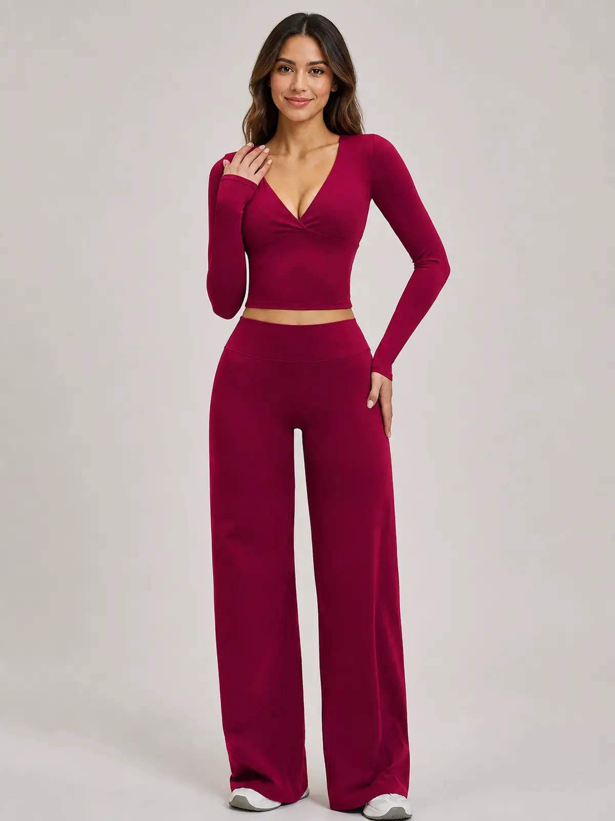 Luna Fold Long-Sleeve Wrap Top and Wide-Leg Pants Set — raspberry red — general — authoritative variation match