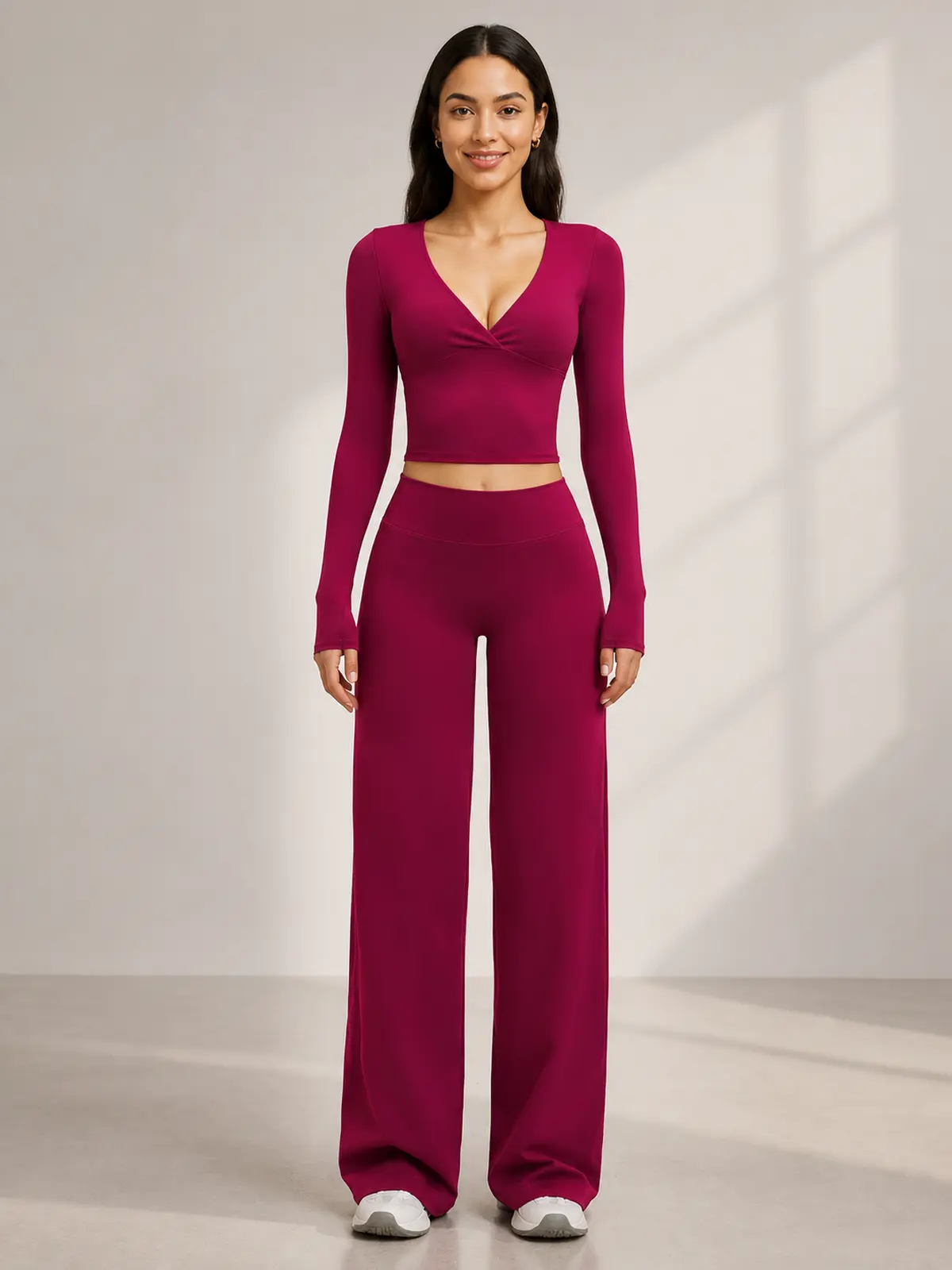 Luna Fold Long-Sleeve Wrap Top and Wide-Leg Pants Set — raspberry red — general — authoritative variation match