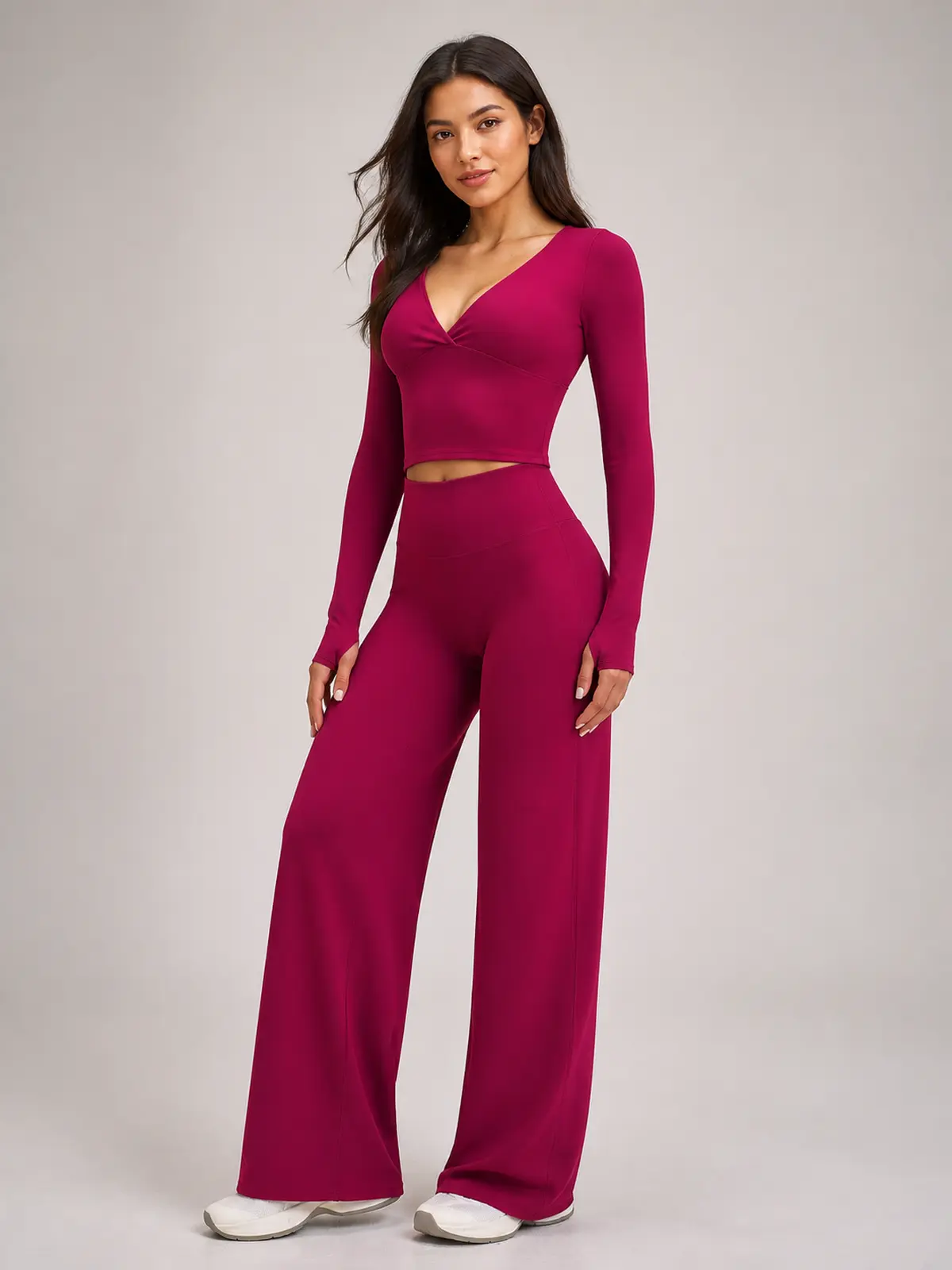 Luna Fold Long-Sleeve Wrap Top and Wide-Leg Pants Set — raspberry red — general — authoritative variation match