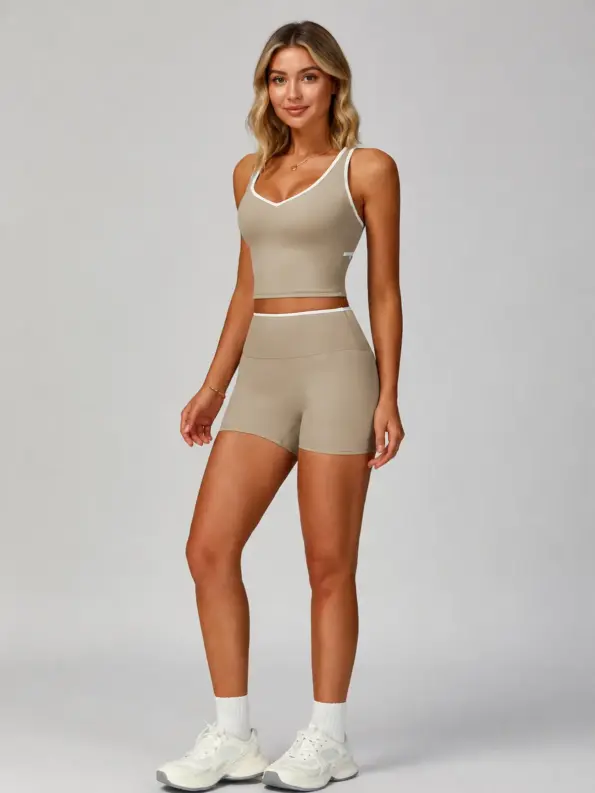 Marble Verse Tank Top and Bike Shorts Set — taupe beige with white trim — general — authoritative variation match