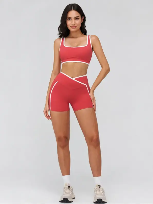 Marigold Interval Square-Neck Sports Bra and Bike Shorts Set — raspberry red with white contrast trim — general — authoritative variation match