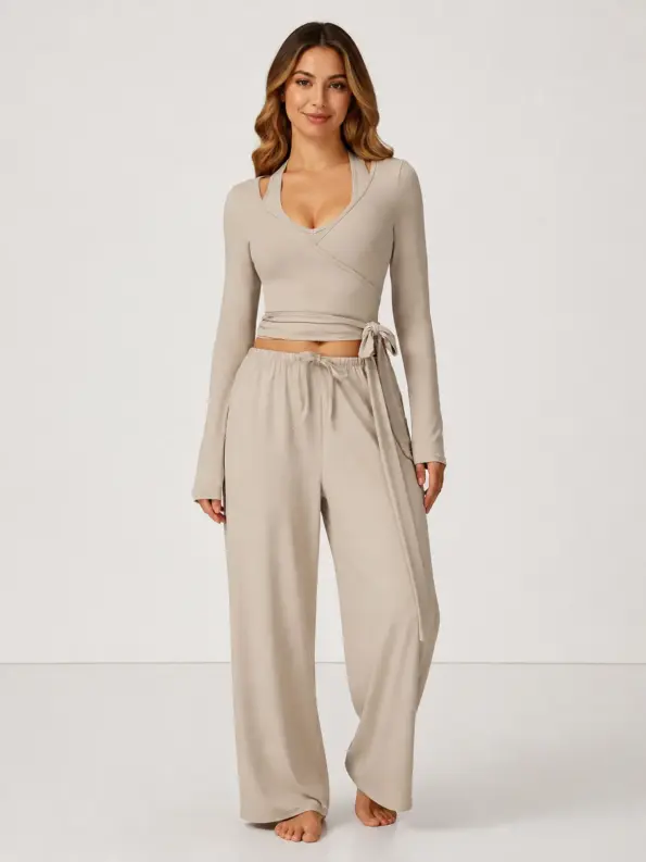 Marigold Relay Long-Sleeve Wrap Top, Tank Top and Wide-Leg Pants Set — light flax beige — general — authoritative variation match