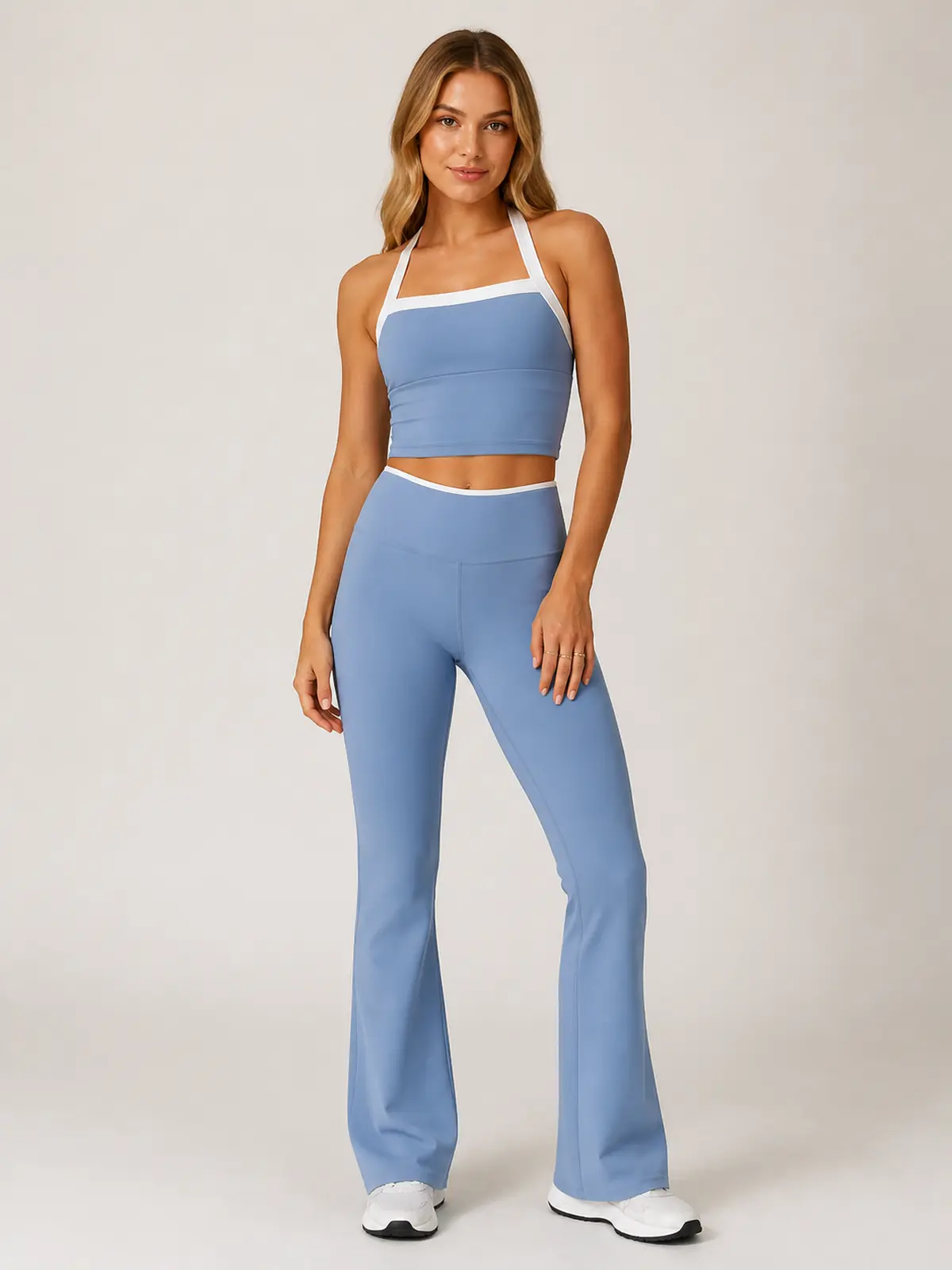 Marin Sketch Sleeveless Top and Flare Leggings Set — dusty blue with white contrast trim — general — authoritative variation match